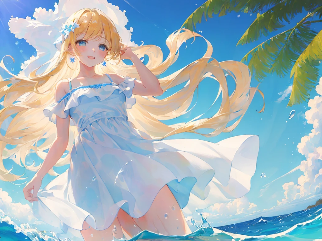 happy,(((masterpiece))),best quality,white sundress,ocean,((blue sky)),standing,from below,(beautiful detailed girl),earrings,long hair,swept bangs,blond hair, (1 girl),hand in own hair,wind,water splash,
