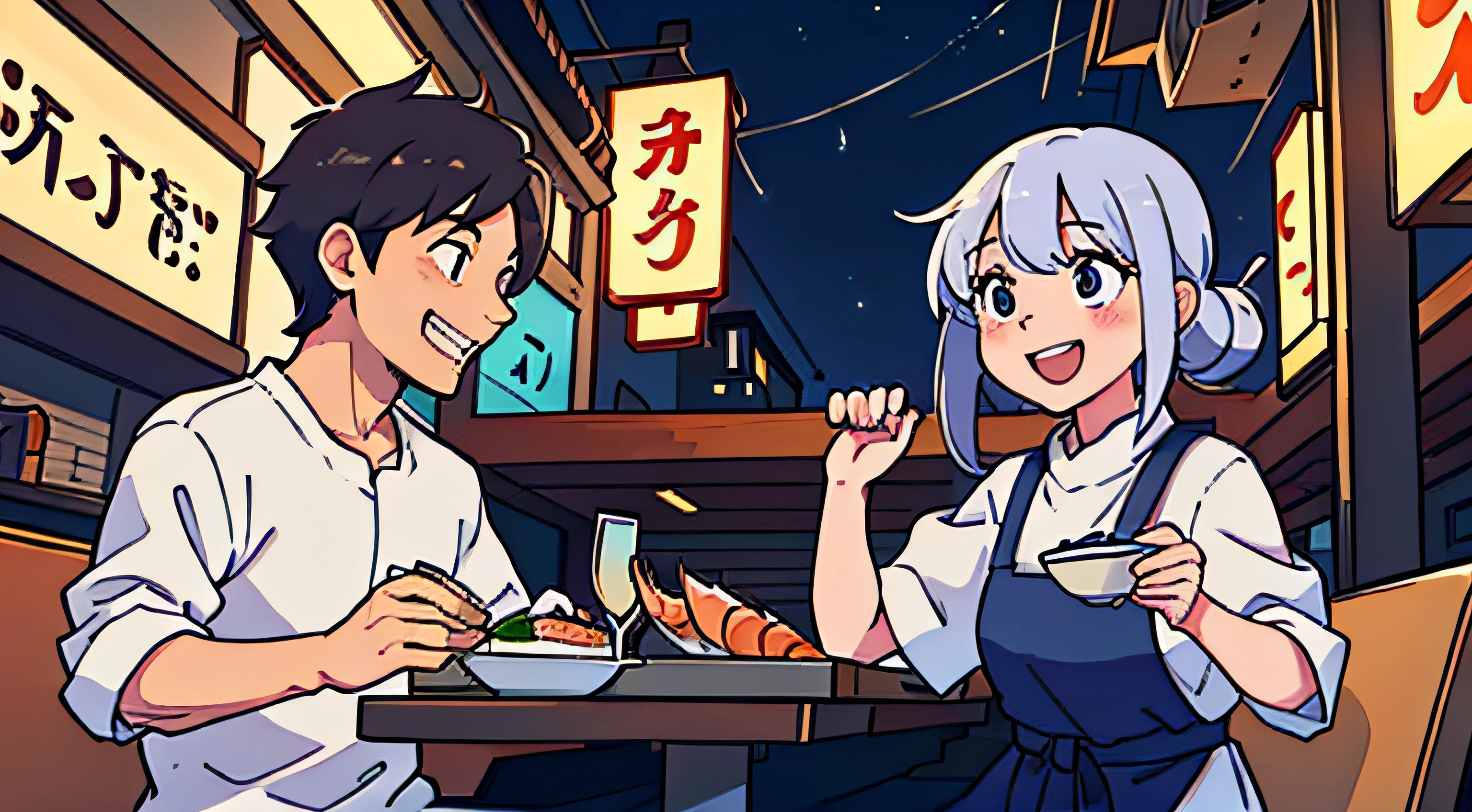 (best-quality:0.8), (best-quality:0.8), perfect anime illustration, friends woman and man eating sushi at a restaurant, laughing and smiling, (( at night )),