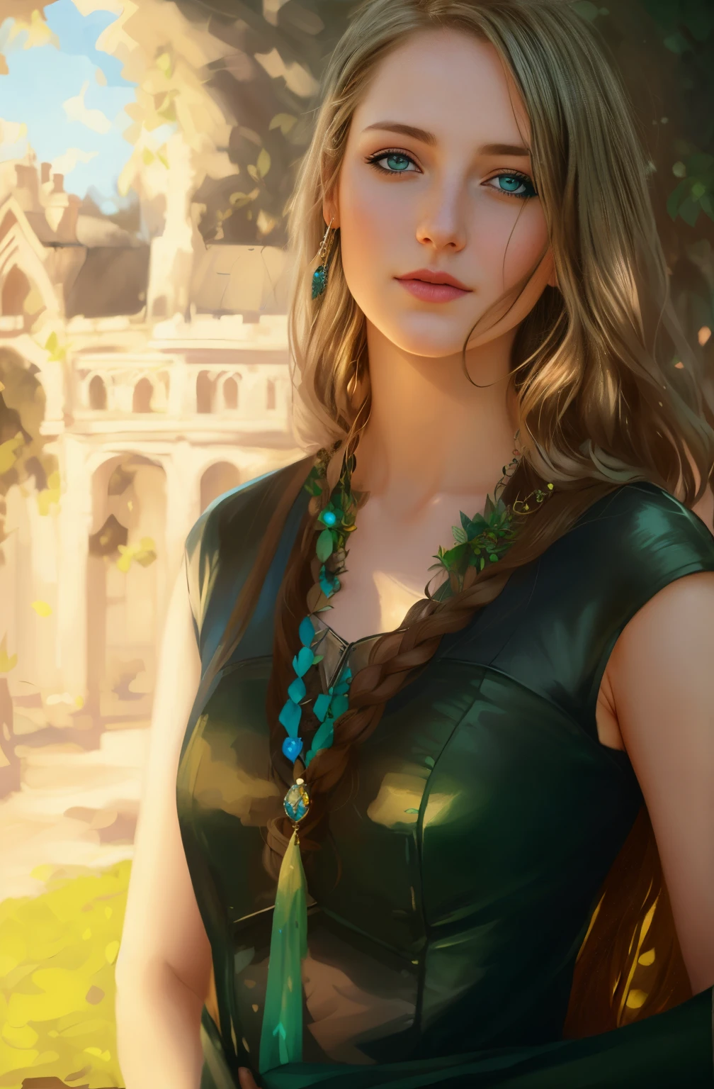 photograph of a woman with long hair and blue eyes in a field, beautiful fantasy art portrait, fantasy art portrait, fantasy portrait art, beautiful fantasy portrait, fantasy portrait, gorgeous digital painting, Detailed matte fantasy portrait, beautiful digital painting, beautiful digital illustration, Fantasy genre portrait, in the art style of bowater, karol bak uhd, beautiful digital artwork, green-eyed