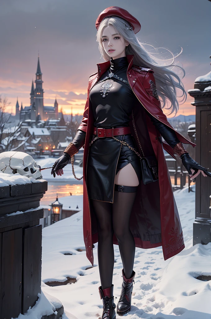 full body Esbian, of the highest quality, Intricately detailed skins, Shiny skin, Shiny hair, pale complexion,Big breasts), Red sky, Continuous snow, Castle terrace, ((Skull Mark)), ambitious, Seductive Woman, Gray hair, Long hair, Hair fluttering in the wind, Skull mask on half of the face, Detailed tattoos, Red leather clothes, Red sleeveless clothes, Red leather coat, Black leather gloves, Solid Gold Bracelet, leather skirt red skirt, , small hat, (Leather Belt), Look far away