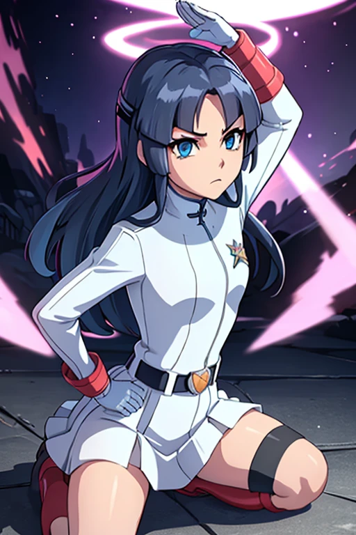 military form, White gloves, white jacket, white skirt, best quality, masterpiece, Highly detailed, illustration, absurdres, white military uniform, white uniform, white hat, standing, girls, standing at attention, multiple girls, Team Squad, expressionless, blank eyes, looking at viewer, emotionless, corrution, mind control, female combatant, full body, hypnotized, unhappy trance, perfect female body, extremely glossy latex, belt, hypnosis, hypnoLora, empty eyes, Mind control device, thigh high, poses, submissive_pose, rubber bodysuit, nazi saluting, military, military saluting, salute, Bleach, Quincy, kneeling, thighhighs, tight miniskirt, tie, Flora, blue eyes, aqua hair, dark blue eyes, black hair, long hair, Flora, Fran, Inazuma_Eleven