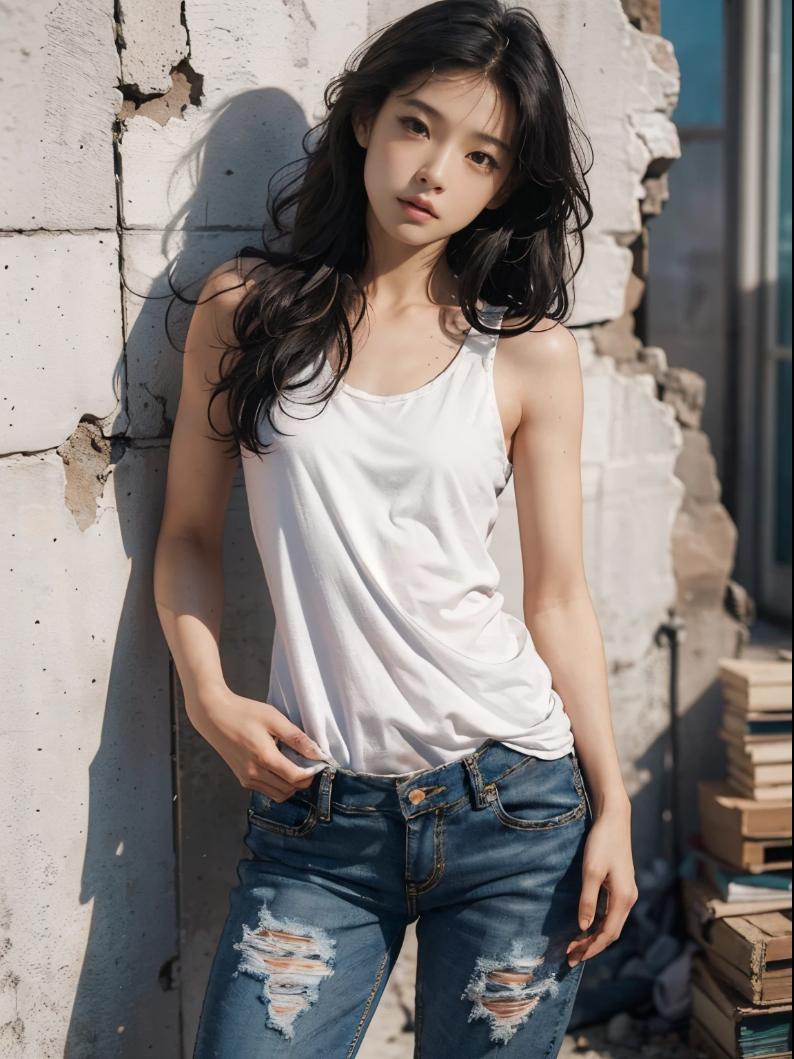 raw photo, 8k, (top-quality), Realistic, (real picture, Intricate details), (natural skin texture, detailed skin, hyper realism, sharpness), (Japanese college girl standing in an abandoned apartment building, hands behind head, armpits exposed, showing armpits), ((white tight tank top, Distressed denim pants, low rise baggy pants)), (((Small chest:1.4))), Fair skin, sweaty skin, ((Wavy long hair, One-length hairstyles)), (akina-nakamori, neat face, Parted lips), Room being demolished, dusty room, cracked wall, Messy floor, Pile of rubble:1.3, broken window, cracked Window glass, Hard lighting:1.3, sunset light, Full body shot