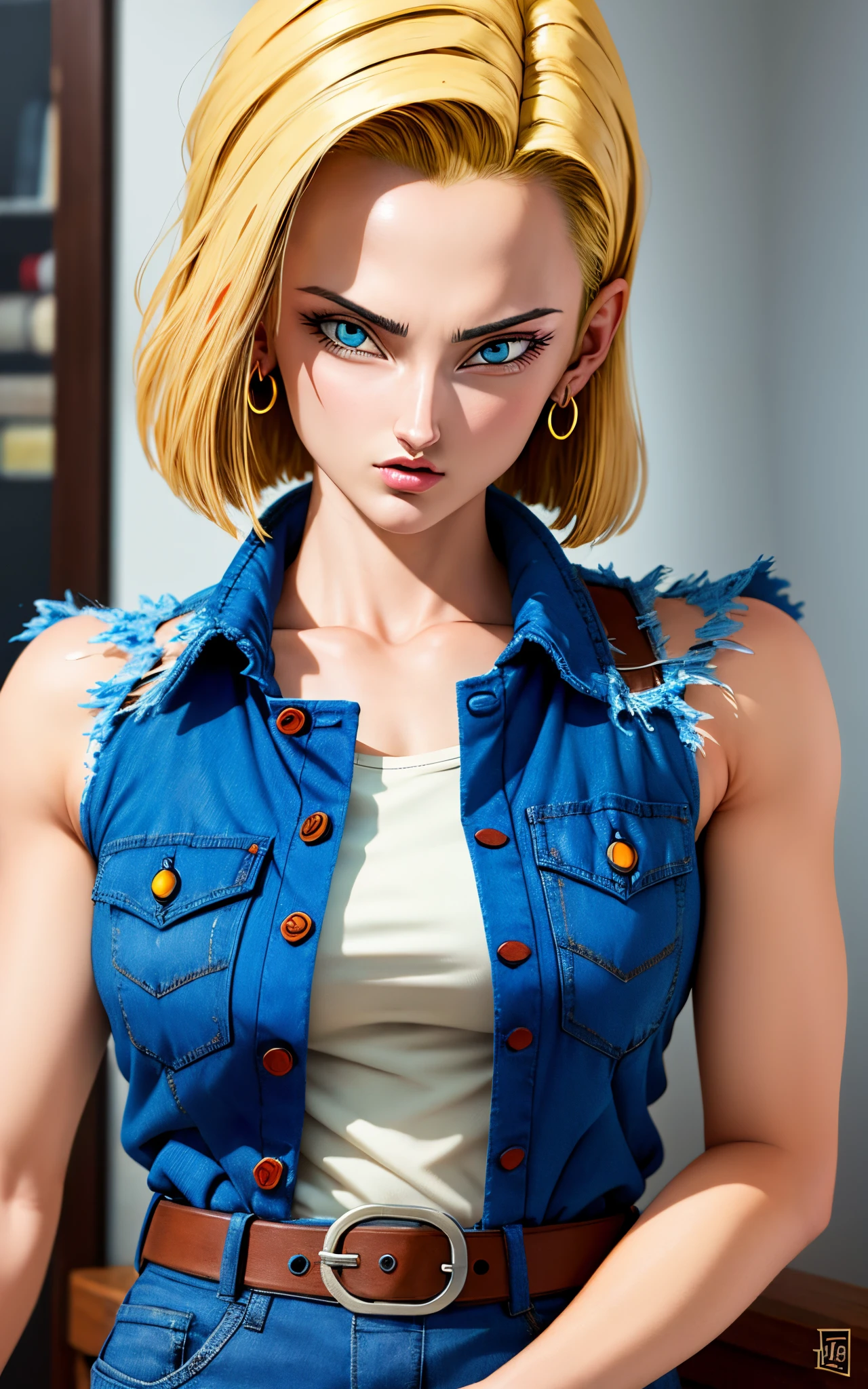 (masterpiece, best quality), realistic version of android18, earrings, denim, belt upper body, focus face, perfect face, Emily Rudd.