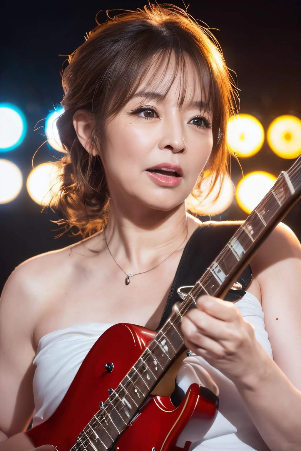 (masterpiece,best quality:1.4),(8k,raw photo,photo realistic:1.2),(shiny skin),detailed skin,detailed face,detailed eyes,(60-year-old woman:1.2),(Wrinkles on the face:1.4),(energetic beauty:1.3),(Singer-songwriter:1.4), Colossal tits、(plays the electric guitar:1.2)
