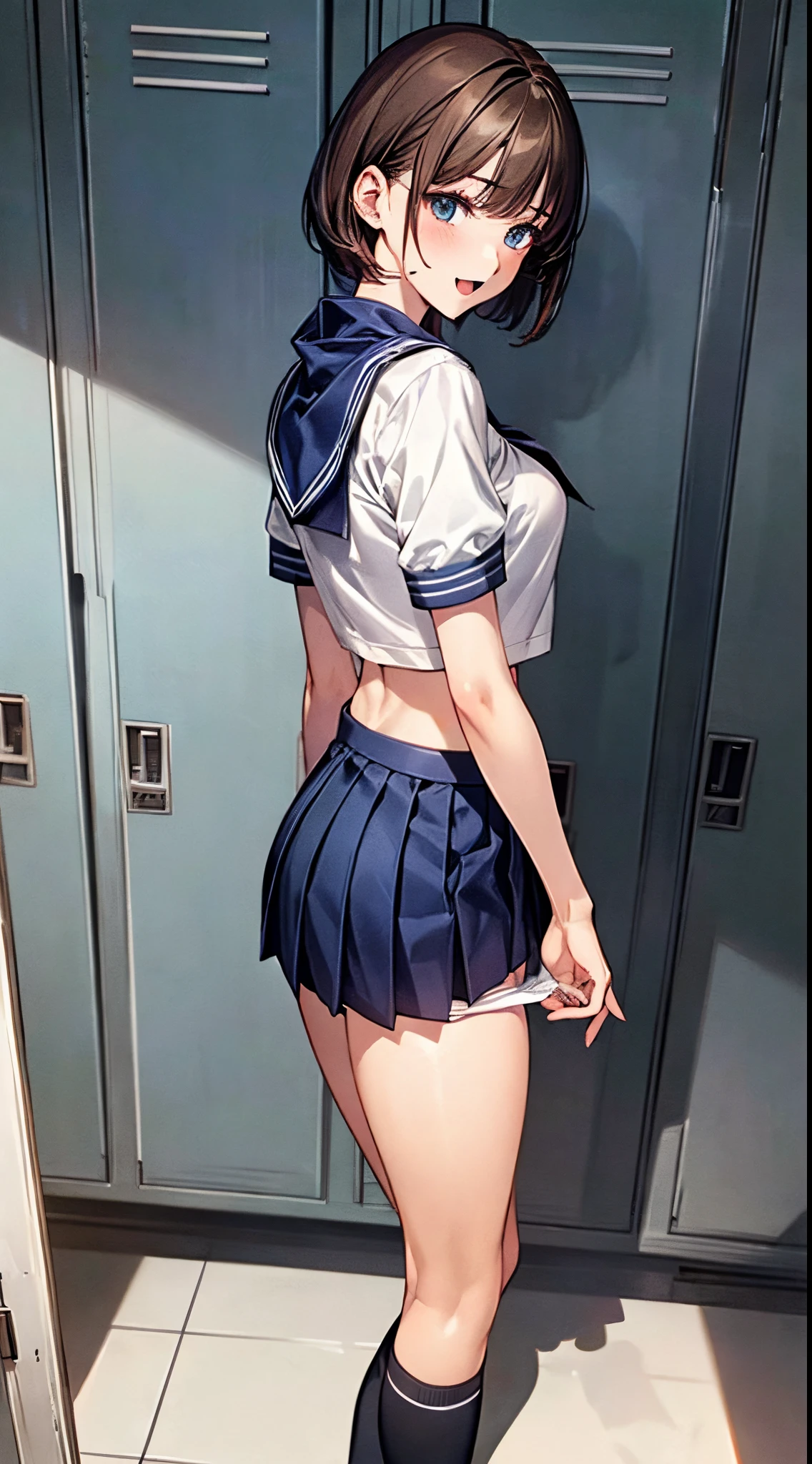 (((perfect anatomy, anatomically correct, super detailed skin))), 1 girl, japanese, high school girl, shiny skin, watching the viewer, ((back view, from below)), 
beautiful hair, beautiful face, beautiful detailed eyes, (short hair:1.1, bob cut:1.2), dark blonde hair:1, blue eyes, babyface, mole under eye, 
beautiful clavicle, beautiful body, beautiful breasts, large breasts:0.5, beautiful thighs, beautiful legs, camel toe, 
((short sleeves, all dark blue cute sailor suit, dark blue pleated skirt, dark blue sailor collar, sailor scarf, socks, brown loafers)), seductive thighs, (red slave collar), 
((ashamed, scared, sad, half-open mouth)), standing, (((leaning forward), undressing, raise one leg, white panty pull)), 
(beautiful scenery), summer, school, locker room, 
8k, top quality, masterpiece​:1.2, extremely detailed), (photorealistic), beautiful illustration, natural lighting, full body,