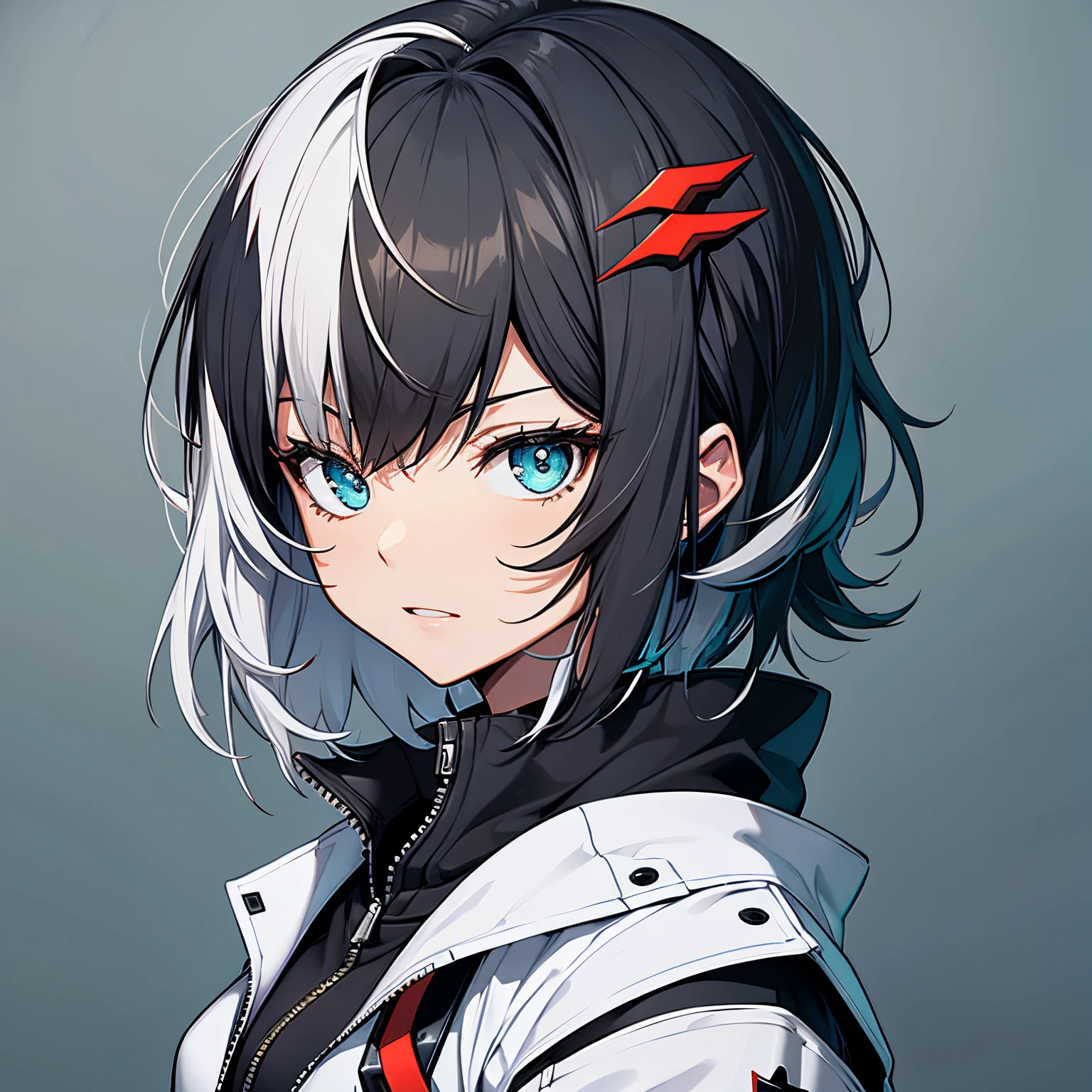 (masutepiece:1.2, Best Quality),  [1 girl in, expressioness, fox ear ,Turquoise eyes, black and Whit hair, half short hair,White jacket,Jacket is taken off, ] (Gray white background:1.2),