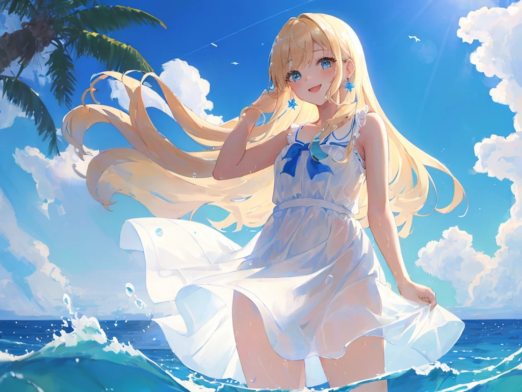 happy,(((masterpiece))),best quality,white Sheer sundress,ocean,((blue sky)),standing,from below,(beautiful detailed girl),earrings,long hair,swept bangs,blond hair, (1 girl),hand in own hair,wind,water splash