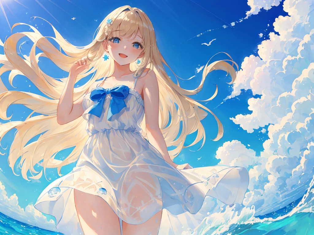 happy,(((masterpiece))),best quality,white Sheer sundress,ocean,((blue sky)),standing,from below,(beautiful detailed girl),earrings,long hair,swept bangs,blond hair, (1 girl),hand in own hair,wind,water splash