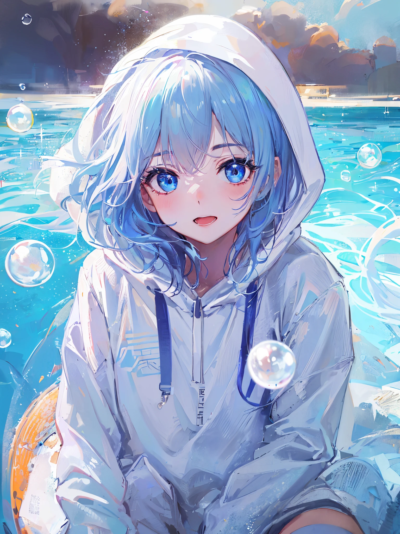 ((top-quality)), ((masterpiece)), ((ultra-detailliert)), (Extremely delicate and beautiful), girl with, 独奏, cold attitude,((White hoodie)),She is very(relax)with the(Settled down)Looks,depth of fields,Evil smile,Bubble, under the water, Air bubble,Underwater world bright light blue eyes,inner color with bright gray hair and light blue tips,,,,,,,,,,,,,,,,,,,,,,Cold background,Bob Hair - Linear Art, shortpants、knee high socks、White uniform like school uniform、Light blue ribbon ties、Clothes are sheer、The hand in my right pocket is like a sapphire,Fronllesse Blue, A small blue light was floating、fantastic eyes、selfy,Self-shot