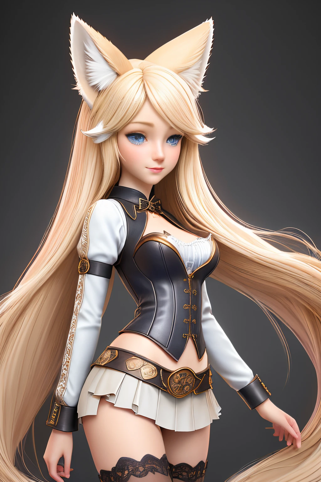 close up 1girl in, ager, Solo, Aesthetic artwork, blond, straight blonde hair, super long blonde hair, light blue eyes, some small freckles, pale skin, A-cup, (large fox ears:1.25), small breasts, runners body, (thin hips, thin waist: 1.25), detailed skin, shy smile, wearing a steampunk outfit with lace, leather corset, ornamental copper parts, portrait, pleated skirt, 50mm, 8k textures, soft cinematic light, RAW intricate, elegant, highly detailed, sharp focus, ((((cinematic look)))), soothing tones, insane details, intricate details, hyperdetailed, low contrast, soft cinematic light, dim colors, exposure blend, hdr, faded