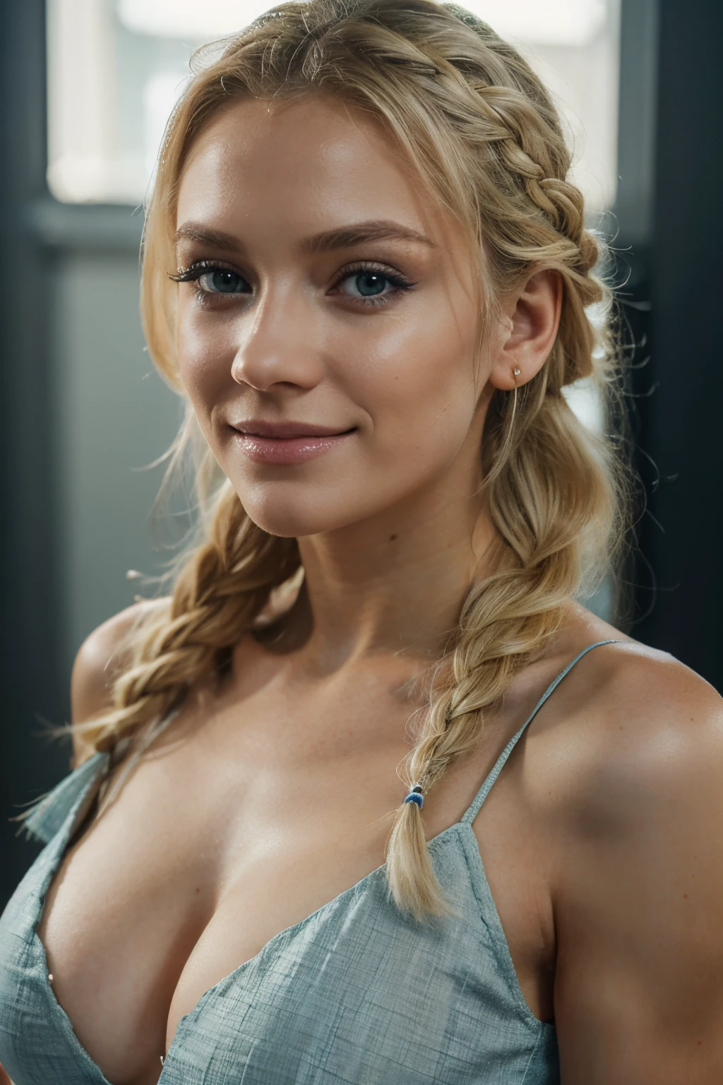 blonde de 25 ans, very classy, en tenue pour aller au bureau, yeux verts bleus, flirte avec la camera, blonde hair, white hair, french braid, makeup, smile, 135mm, Canon, f/16, UHD, anatomically correct, masterpiece, textured skin, super detail, high details, high quality, award winning, best quality, highres, 8k