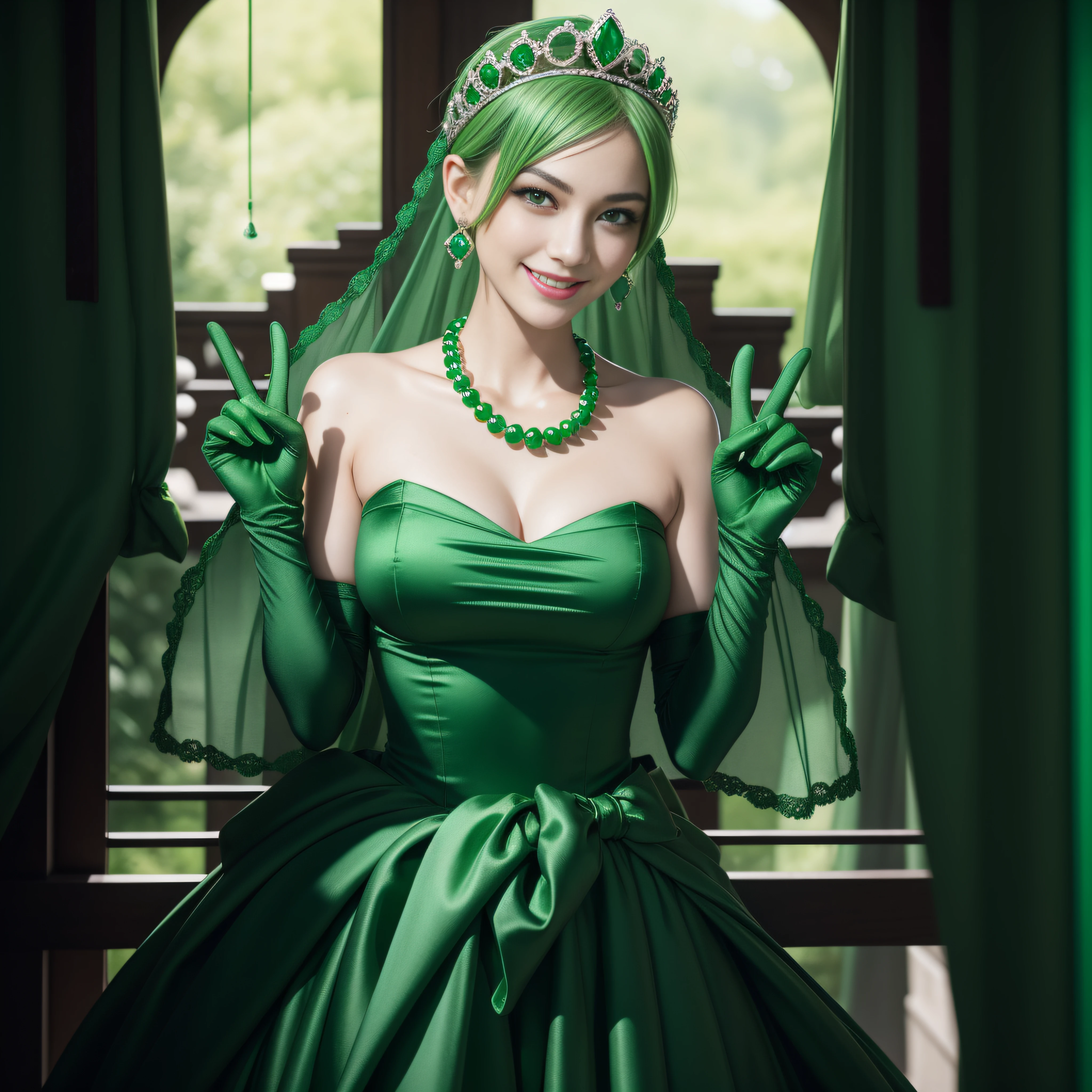 emerald tiara, Green Pearl Necklace, Boyish very short green hair, lipsticks, Japan woman smiling, very short short hair, big breasts beautiful, Green eyes, Long green gloves made of satin material, Green eyes, Emerald Earrings, green vale, v sign