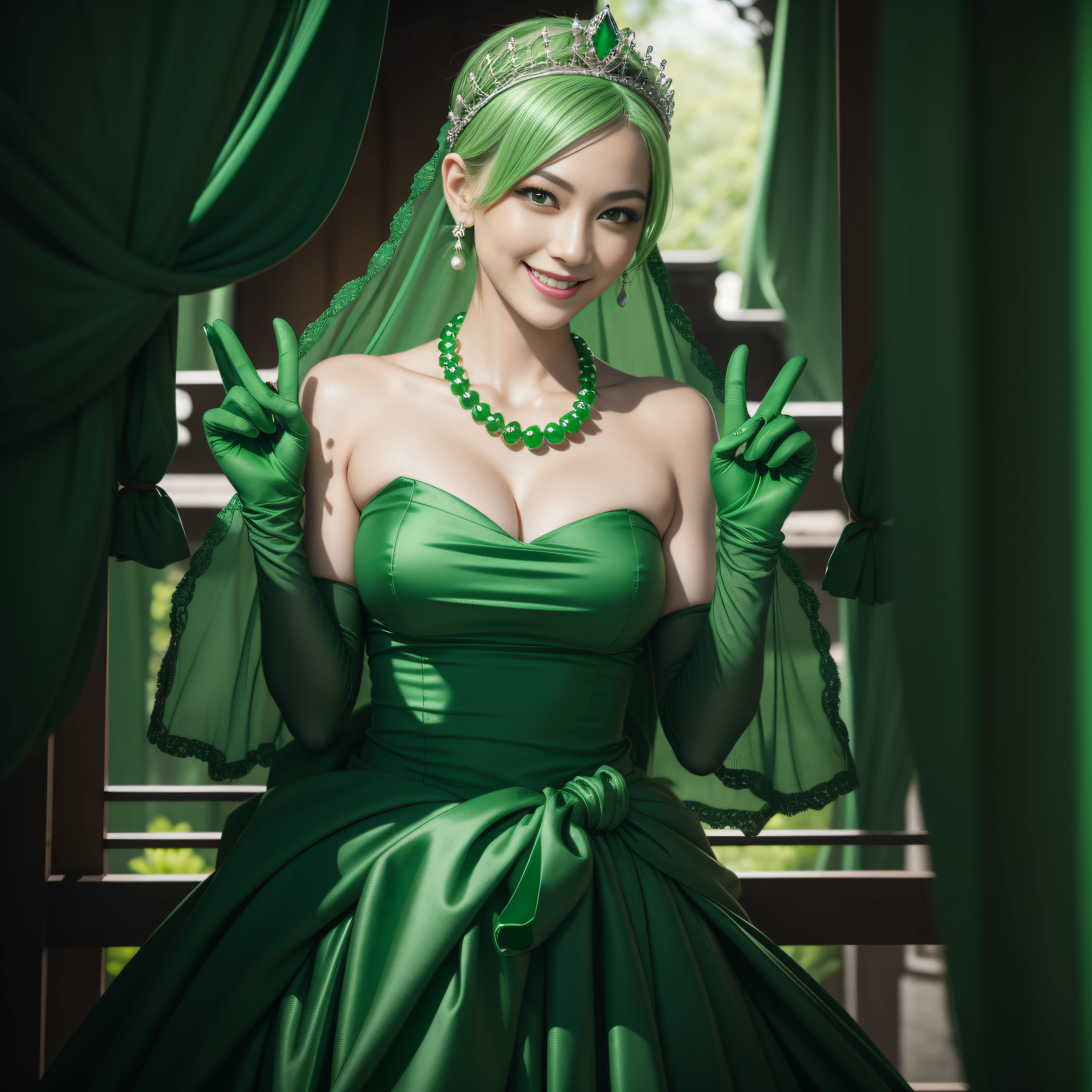 emerald tiara, Green Pearl Necklace, Boyish very short green hair, lipsticks, Japan woman smiling, very short short hair, big breasts beautiful, Green eyes, Long green gloves made of satin material, Green eyes, Emerald Earrings, green vale, v sign