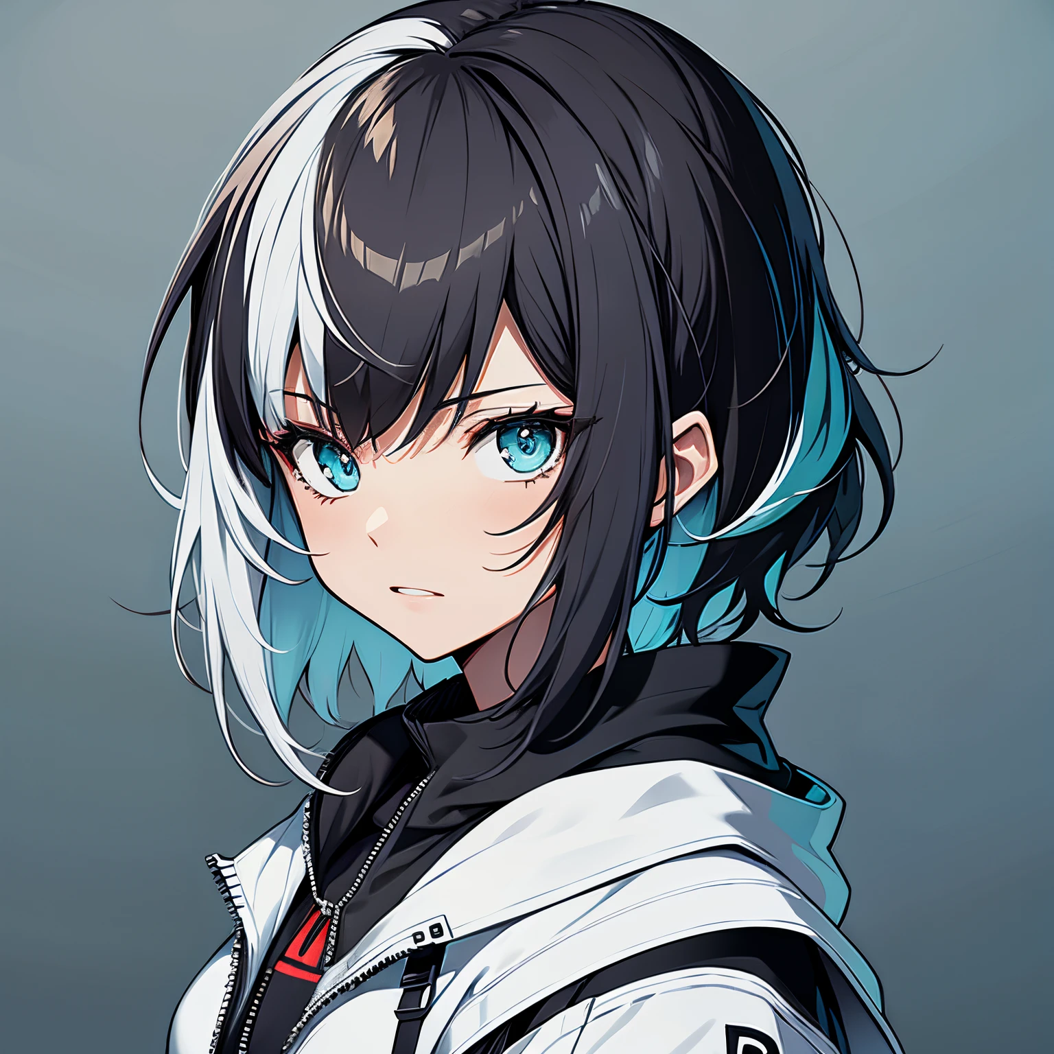 (masutepiece:1.2, Best Quality),  [1 girl in, expressioness, fox ear ,Turquoise eyes, black and Whit hair, half short hair,White jacket,Jacket is taken off, ] (Gray white background:1.2),