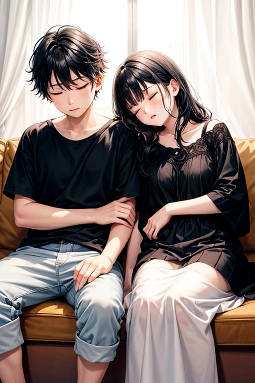 Siblings, 1 boy and 1 girl, sleeping together, same hair color, black hair, closed eyes, sleeping on a sofa, sitting.