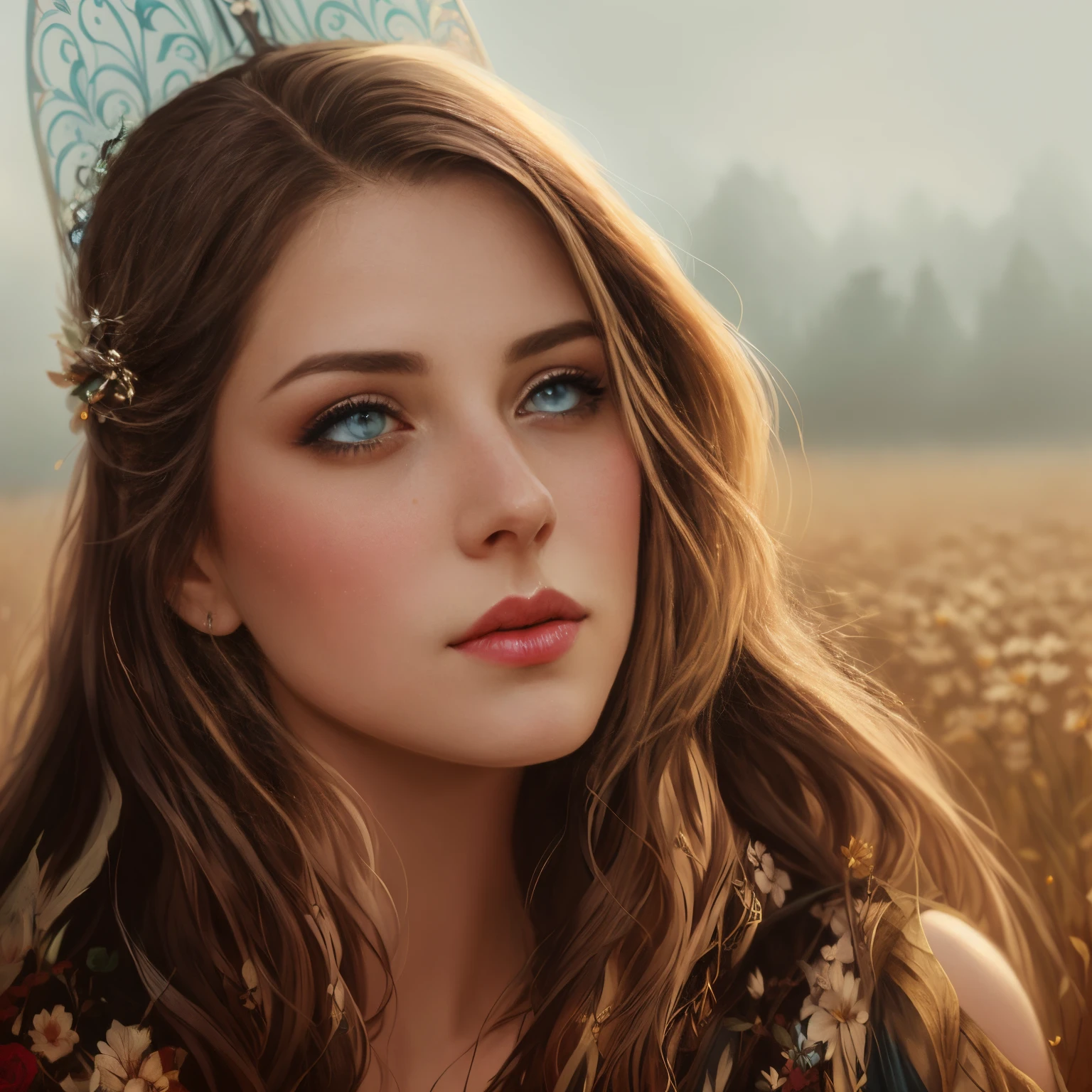 picture of a woman with long hair and blue eyes in a field, beautiful fantasy art portrait, fantasy art portrait, fantasy portrait art, beautiful fantasy portrait, fantasy portrait, gorgeous digital painting, Detailed matte fantasy portrait, beautiful digital painting, beautiful digital illustration, Fantasy genre portrait, in the art style of bowater, karol bak uhd, beautiful digital artwork