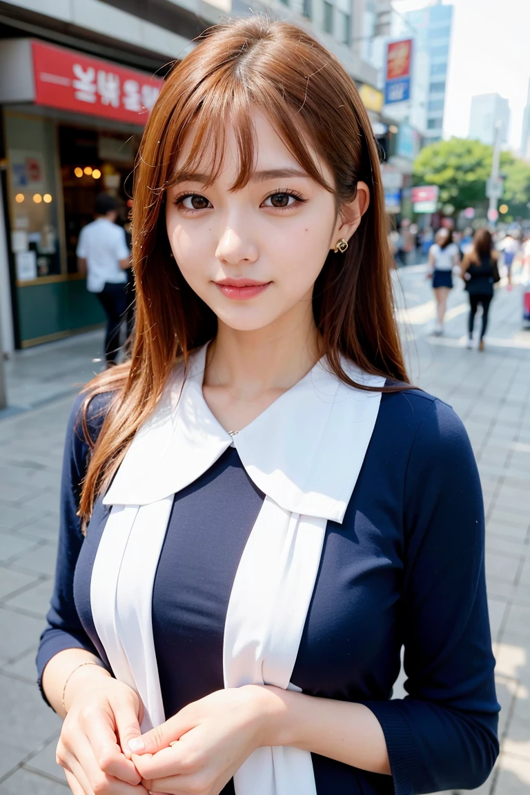 （lifelike， high resolution：1.3）， 1 girl with a perfect figure， The face shape and eyes are super beautiful，Long hair， Random color vest：1.2， Short jeans， Big ，Showing cleavage