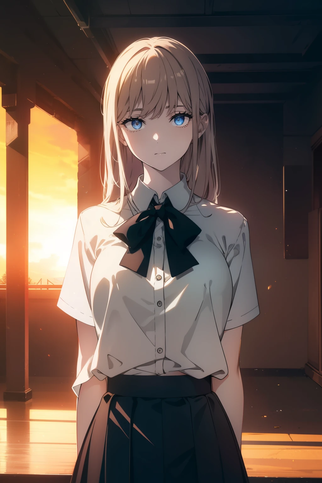 (((Obra maestra, La mejor calidad, ultrahigh resolution))), 1girl, standing, school uniform, white office shirt, black pleated skirt, ((light brown hair:0.7)), long hair cut, pale skin, ((blue eyes)), glowing_eyes, neon eyes, (((ultra detailed eyes, beautiful and detailed face, detailed eyes))), ((centered)), smile, ((wide shot)), facing viewer, eye level, (sunset background), flat chested, looking at viewer, ((half closed eyes)), ((perfect hands)), (((head, arms, hips, elbows, in view))), ((hands behind back)), empty eyes, beautiful lighting, outside, outdoors, shooting star:0.7, background, defined subject, ((massive detailed hot sun)), 25 years old