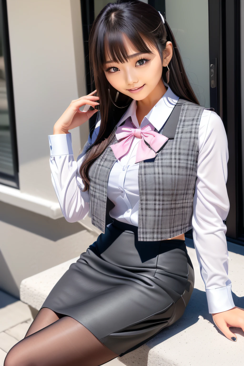 1人の女性, (white and gray theme:1.3), (wearing in [[white and gray check pattern]] Vest over white collared long-sleeved shirt:1.4), (gray vest with buttons:1.2), BREAK (Pink Theme:1.2), (pink ribbon bow:1.3), BREAK (Black theme:1.4), (tight gray pencil skirt:1.5), (pantyhose:1.3), (high-heels:1.1),bangss、s lips、without makeup、short eyelashes、watching at viewers、A smile、Photorealsitic、high-level image quality、masutepiece, Best Quality, 8K, Beautie、Fine details