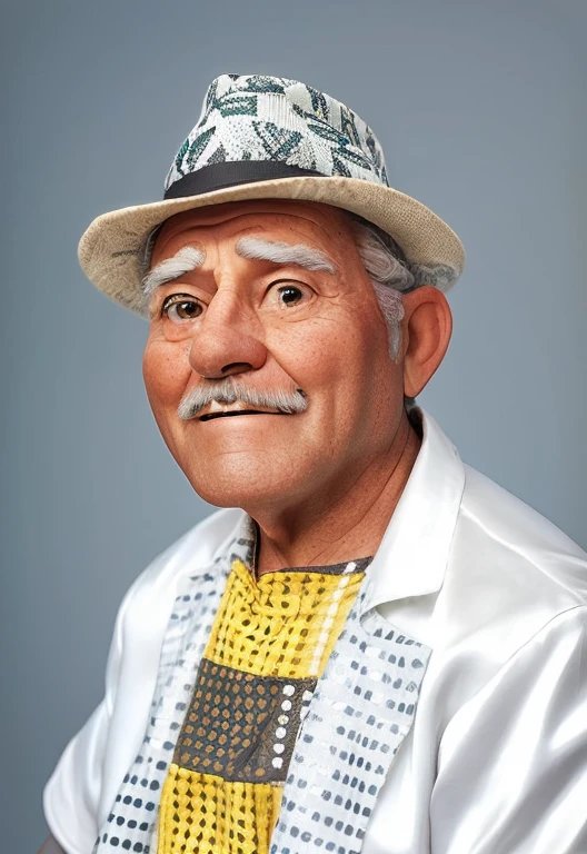 there is a man wearing a hat and tie, an old man, around 80 years old.