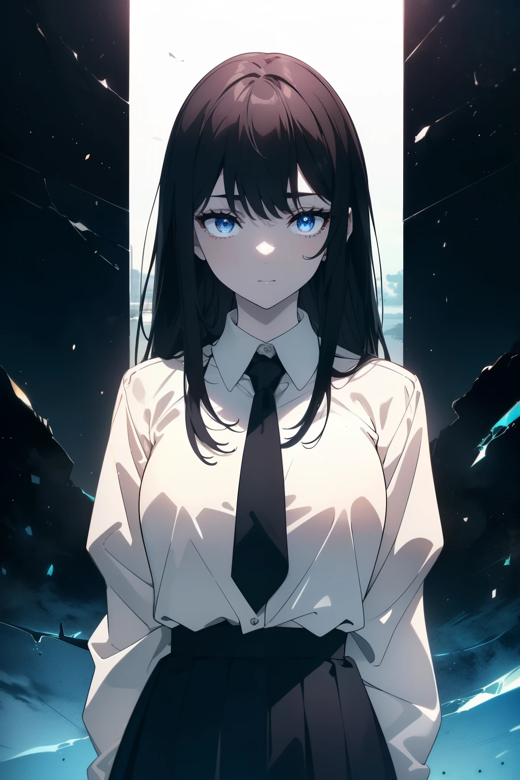 (((Obra maestra, La mejor calidad, ultrahigh resolution))), 1girl, standing, school uniform, white office shirt, black pleated skirt, ((light brown hair:0.7)), long hair cut, pale skin, ((blue eyes)), glowing_eyes, neon eyes, (((ultra detailed eyes, beautiful and detailed face, detailed eyes))), ((centered)), smile, ((wide shot)), facing viewer, eye level, (sunset background), flat chested, looking at viewer, ((half closed eyes)), ((perfect hands)), (((head, arms, hips, elbows, in view))), ((hands behind back)), empty eyes, beautiful lighting, outside, outdoors, shooting star:0.7, background, defined subject, ((massive detailed hot sun)), 25 years old