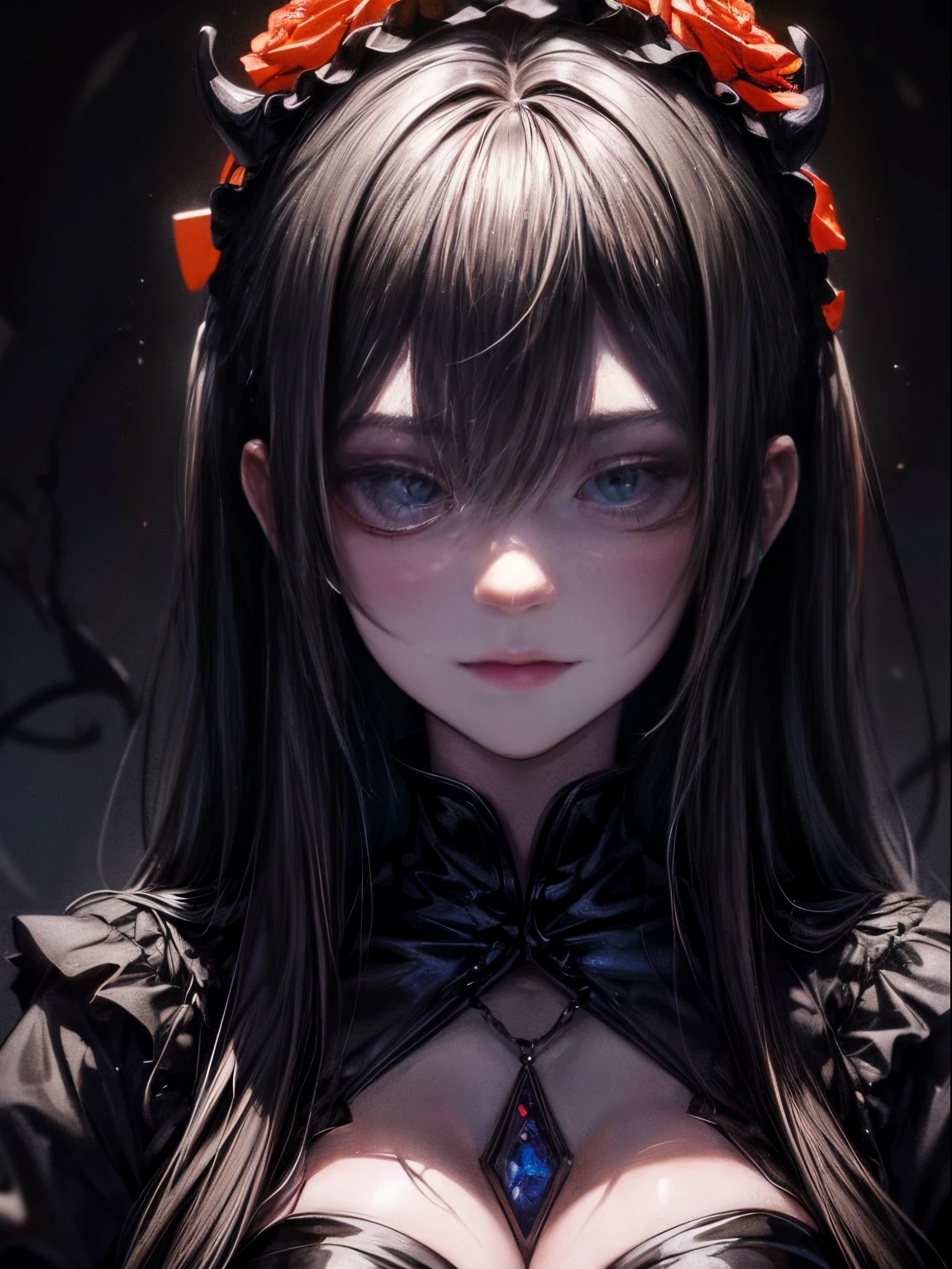 (Best Quality,4K,hight resolution,masutepiece:1.2),Ultra-detailed,Realistic,highly contrast,Halloween,Portrait,Dark,Gothic,haunting,Expressive,Colored,Moody lighting,decoration,mask figure,bright orange pumpkin,ominous vibe,eerie eerie atmosphere,Elements of surrealism,Attention to detail,Impressive brushwork,striking contrast,creepy,Ethereal,ghosts,shadowy,Mysterious,MACABRO,tome'tome'tome'tome'tome'tome'tome'It's tragic,Witch,haunted house,broody,Scary,uneasy,Undeservedly beautiful,Unforgettable charm,persuasion,charmed,haunting,image of memories.((in front of dark stained glass))、((dark background spooky background))、((slight smile))、((very closeup))、((More close-ups))、((Looking、at、the viewer))