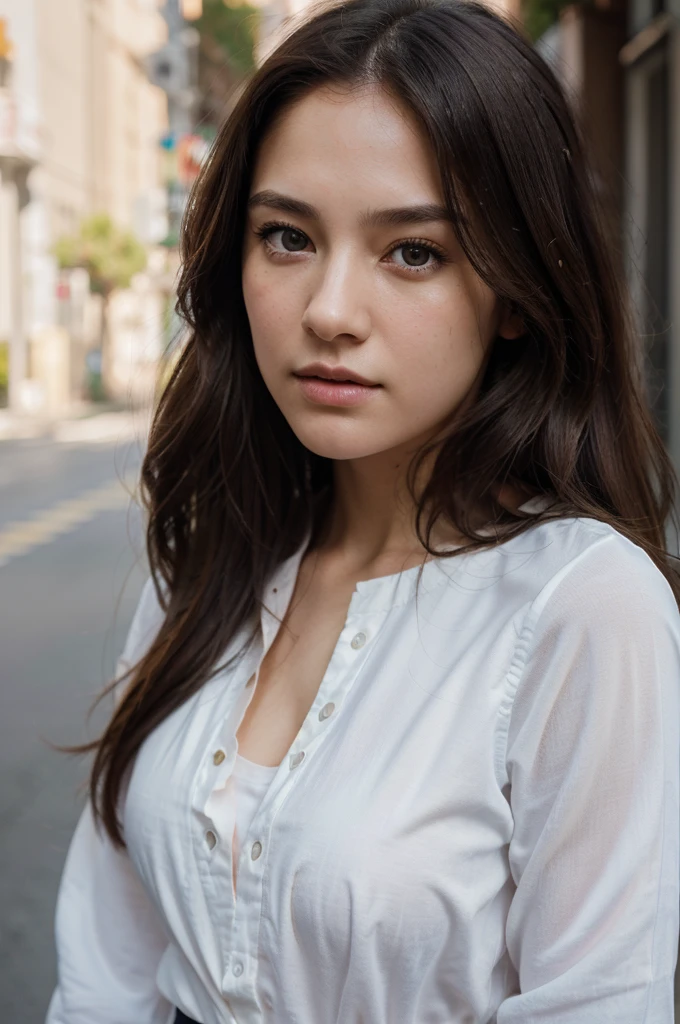 20 years old an adorable woman, (photorealistic:1.4, hyper realism), highly detailed CG unified 8K wallpapers, 1girl, hour glass body, (puffed medium breast , ample cleavage, small tits), looking at viewer, (HQ skin:1.4), 8k uhd, dslr, soft lighting, high quality, film grain, Fujifilm XT3, sun-tanned lighting, upper body shot, unbotton white collared shirt, outdoor background, black straight hair