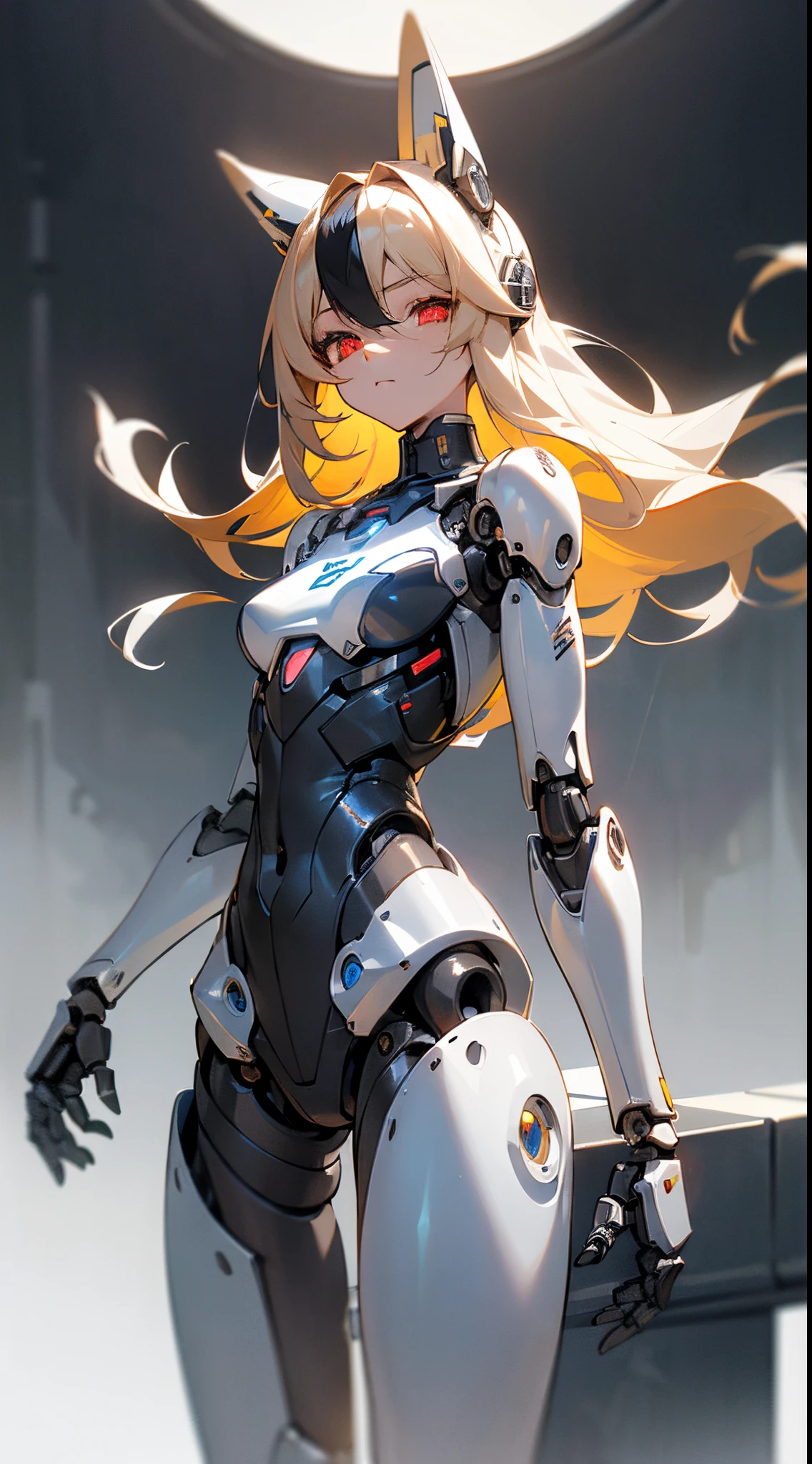 Original Character, Volumetric Lighting, Best Shadows, Shallow Depth of Field, Close Up Of Stunningly Beautiful Girl, Petite, Wide Hips, Thick Thighs, Small body, Delicate Beautiful Attractive Face With Alluring Red Eyes, Sharp Eyebrows, Half Open Eyes, Cute Smile, Lovely Medium Breasts, Layered Long Blond Hair With Ribbon Tied To A Part Of Hair On The Side, Blunt Bangs, Long Straight Hair, Pale Skin, Ear Piercings, Blush Eyeshadow, Thick Eyelashes, Long eyelashes, Slim Waist, White Neon Genesis Evangalion Plunge Suit, (White Background:1.1) , Sitting Down, Robot in Background, Posing, (Highest Quality, Amazing Details:1.25), (Solo:1.3), Brilliant Colorful Paintings, Looking At Viewer