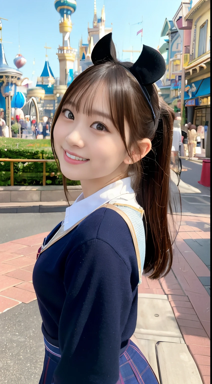 (8k, best quality, masterpiece, ultra highres, ultra-detailed:1.2) , Photo of Pretty Japanese girl,(mikey ear:1.2),school uniform,
smile,
, (18 years old:1.1), Japanese idol,(Disney land:1.3),