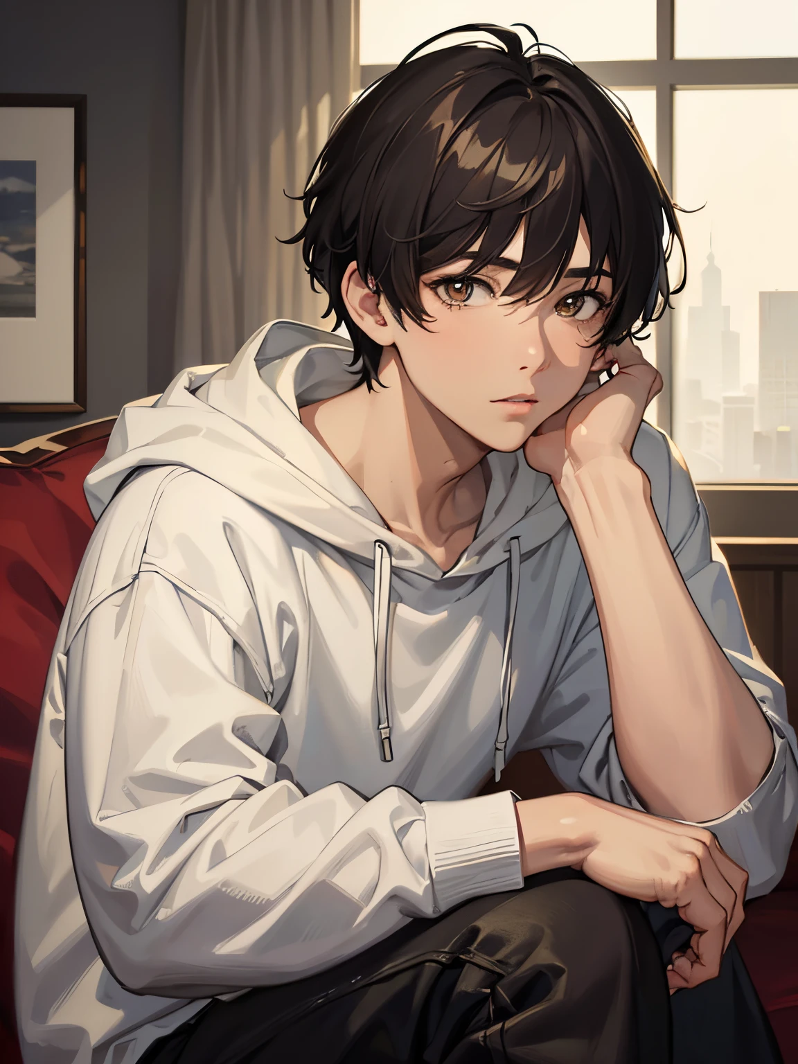 masterpiece, best quality, 1boy, young boy, black hair, brown eyes, hoodie, living room, detailed facial features, realistic and high resolution (best quality, 4k, 8k, highres, masterpiece:1.2).