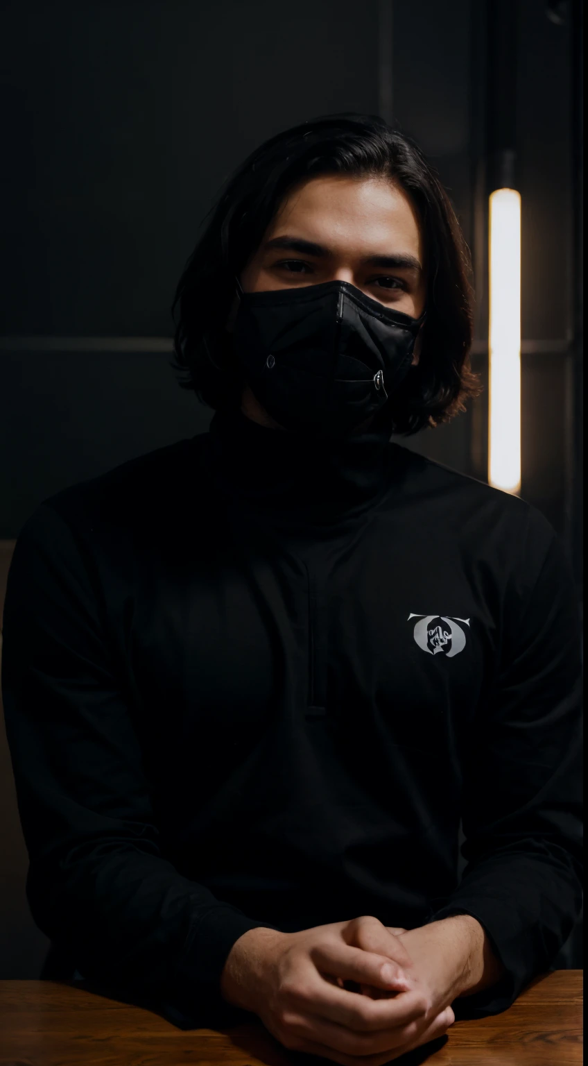A man sitting in a dark room, wearing full face vendetta mask,  and black coloured clothes, hands on table, explaining financial independence to  viewers