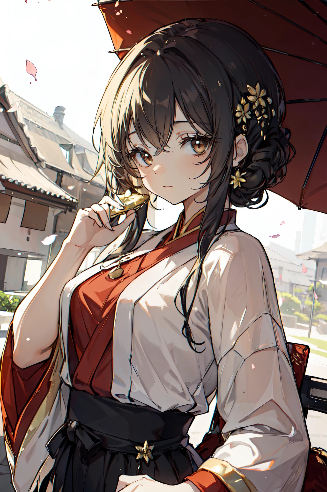 A girl with black hair and golden eyes，pear flower perm hairstyle， Hanfu，Melancholy Look，Black hair，gold eyes，Slightly curly hair，big breasts beautiful， Hanfu Clothing