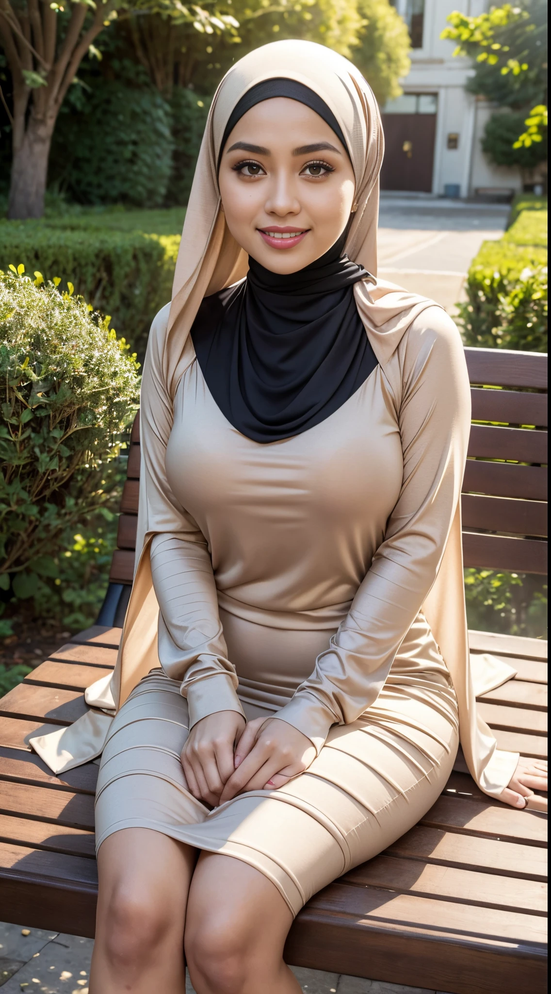RAW, Best quality, high resolution, masterpiece: 1.3), beautiful Malay woman in hijab,Masterpiece, perfect fit body, ((Huge breast)), biggorgeous eyes, Soft smile,woman in a beige dress sitting on a bench with a black fence, hijab, dilraba dilmurat, zenra taliyah, siya oum, malaysian, leaked image, sie boob, she is smiling,Delicate turtleneck, necklace, shairband, afternoon walk, City garden, Excellent lighting, Bright colors, Clean lines