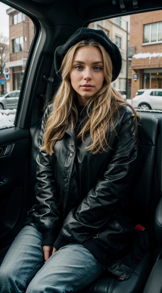 Same blond, beatiful blond hair, Subtle makeup, Emphasizing eyes and lips, she is Dressed in a stylish black coat and elegant black jeans, with a woolen hat, Underneath the coat, a black sweater, Photo taken from the driver's seat while she sits in the passenger seat, sitting in a car with leather seats, winter outside with a lot of snow on the streets, looking into the camera, natural body anatomy