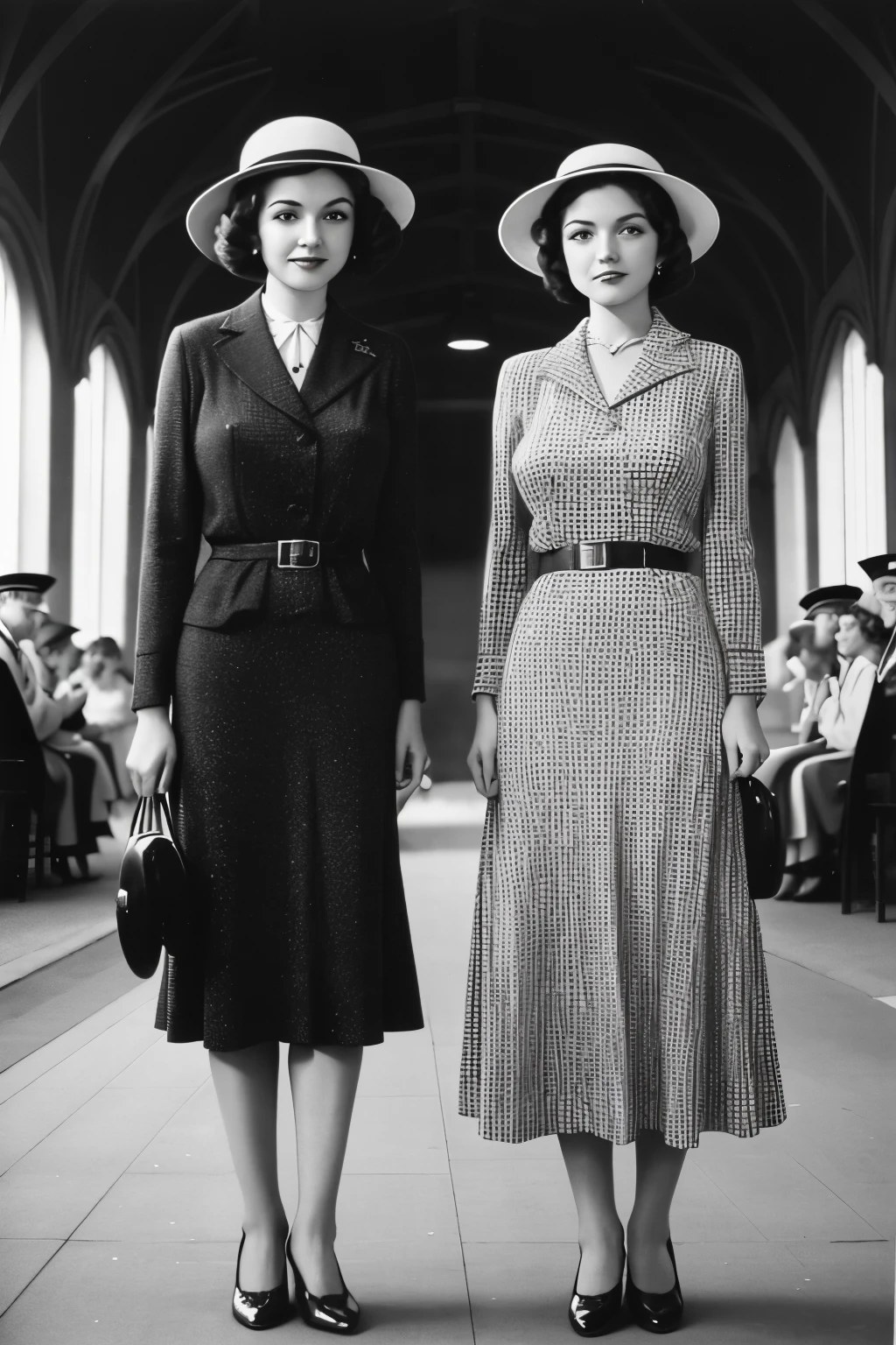 two women in dresses and hats standing next to each other, a black and white photo by Kees Scherer, tumblr, op art, vintage fashion, 1930s style clothing, dressed like in the 1940s, 1 9 3 0 style, 1940s, 1 9 4 0 s, 1 9 4 0's