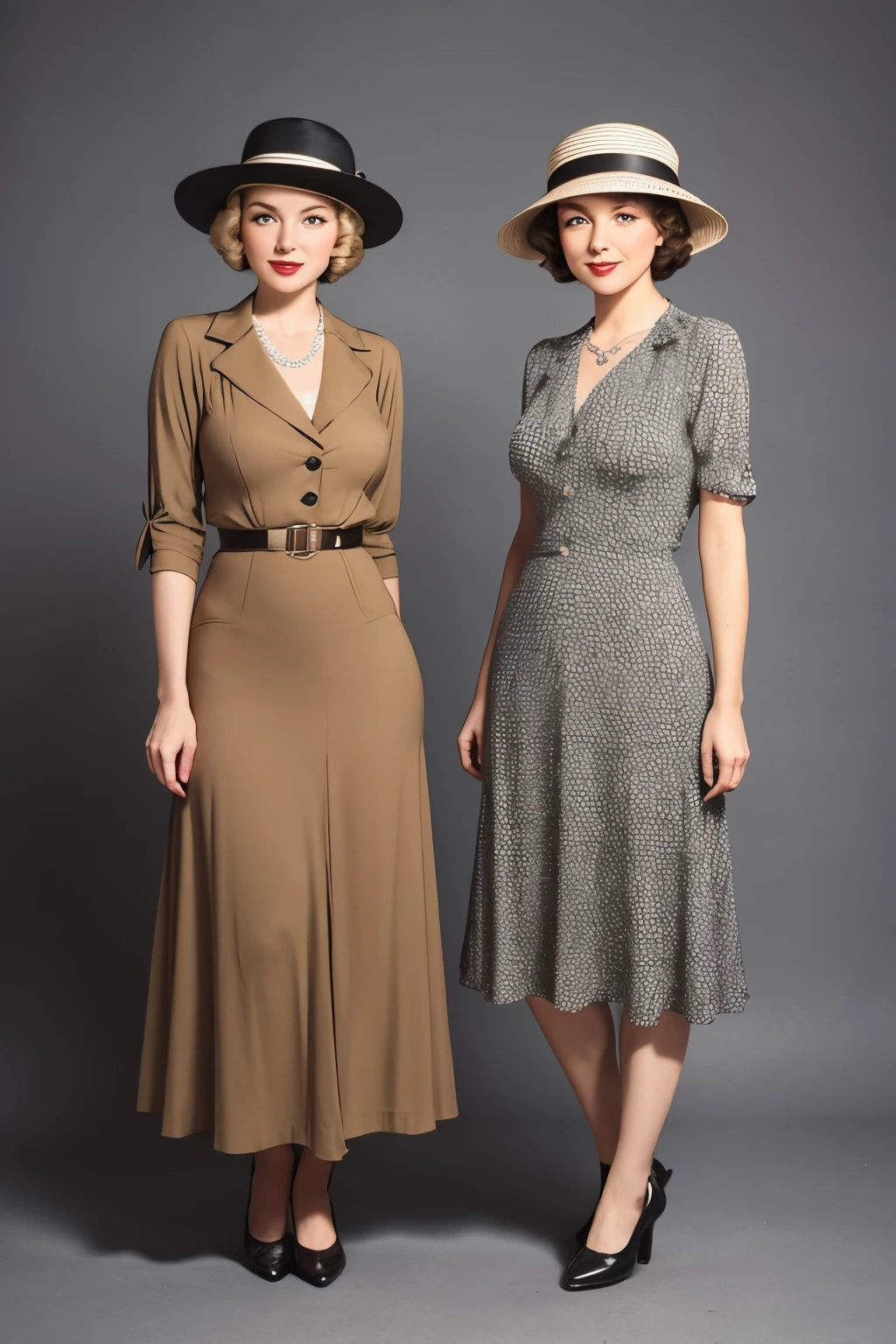 two women in dresses and hats standing next to each other, vintage fashion, 1930s style clothing, dressed like in the 1940s, 1 9 3 0 style, 1 9 4 0 s, 1940s, 1 9 4 0's, 1930s, 1 9 3 0 s, 1940's photography