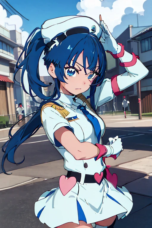 military form, White gloves, white jacket, white skirt, best quality, masterpiece, Highly detailed, illustration, absurdres, white military uniform, white uniform, white hat, standing, girls, standing at attention, multiple girls, Team Squad, expressionless, blank eyes, looking at viewer, emotionless, corrution, mind control, female combatant, full body, hypnotized, unhappy trance, perfect female body, extremely glossy latex, belt, hypnosis, hypnoLora, empty eyes, Mind control device, thigh high, poses, submissive_pose, rubber bodysuit, nazi saluting, military, military saluting, salute, Bleach, Quincy, thighhighs, tight miniskirt, tie, Cure Sky, Hirogaru Sky! Precure), blue_hair, blue_eyes, long_hair, twintails, magical_girl,