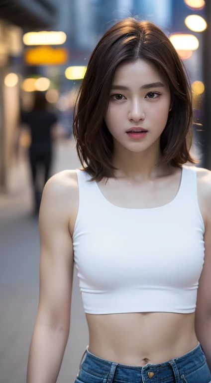 ((Realistic lighting, Best quality, 8K, Masterpiece: 1.3)), Clear focus: 1.2, 1girl, Perfect Figure: 1.4, Slim Abs: 1.1, ((Dark brown hair)), (White crop top: 1.4), (Outdoor, Night: 1.1), City streets, Super fine face, Fine eyes, Double eyelids,