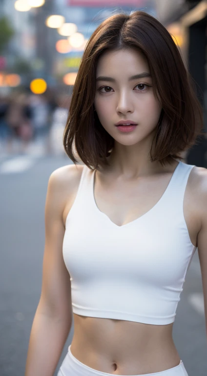 ((Realistic lighting, Best quality, 8K, Masterpiece: 1.3)), Clear focus: 1.2, 1girl, Perfect Figure: 1.4, Slim Abs: 1.1, ((Dark brown hair)), (White crop top: 1.4), (Outdoor, Night: 1.1), City streets, Super fine face, Fine eyes, Double eyelids,