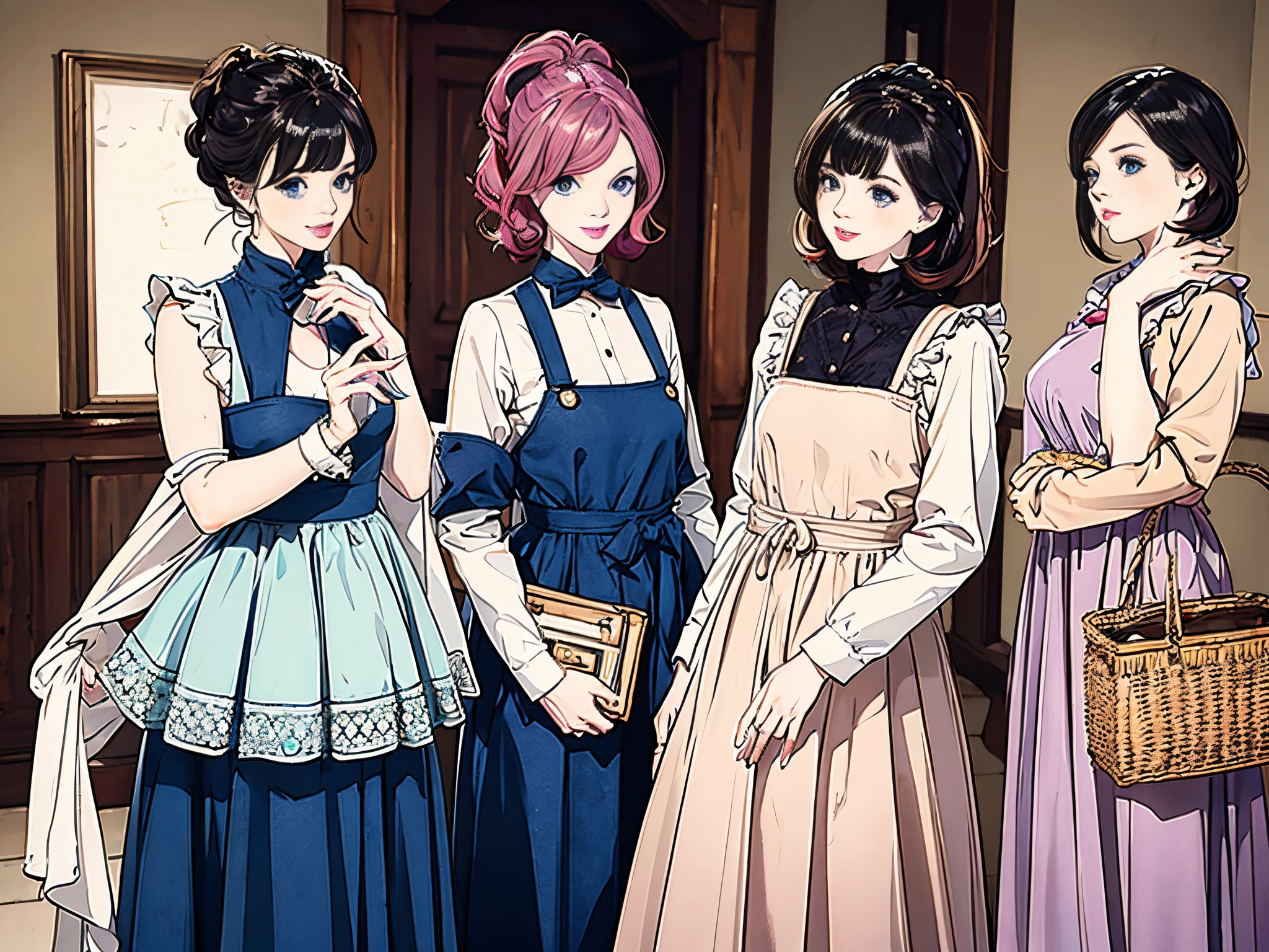 female twins, hairstyles different, hair colors different, eye colors different, outfits different,
