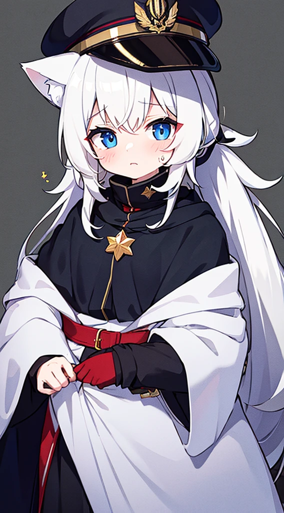 {{{masterpiece}}},{{{best quality}}}, little girl, black cloak, military uniform, gold medal, military hat with a red star symbol, a sweat on the cheek, blue eyes, wolf ears, fluffy wolf tail, low ponytail,white hair