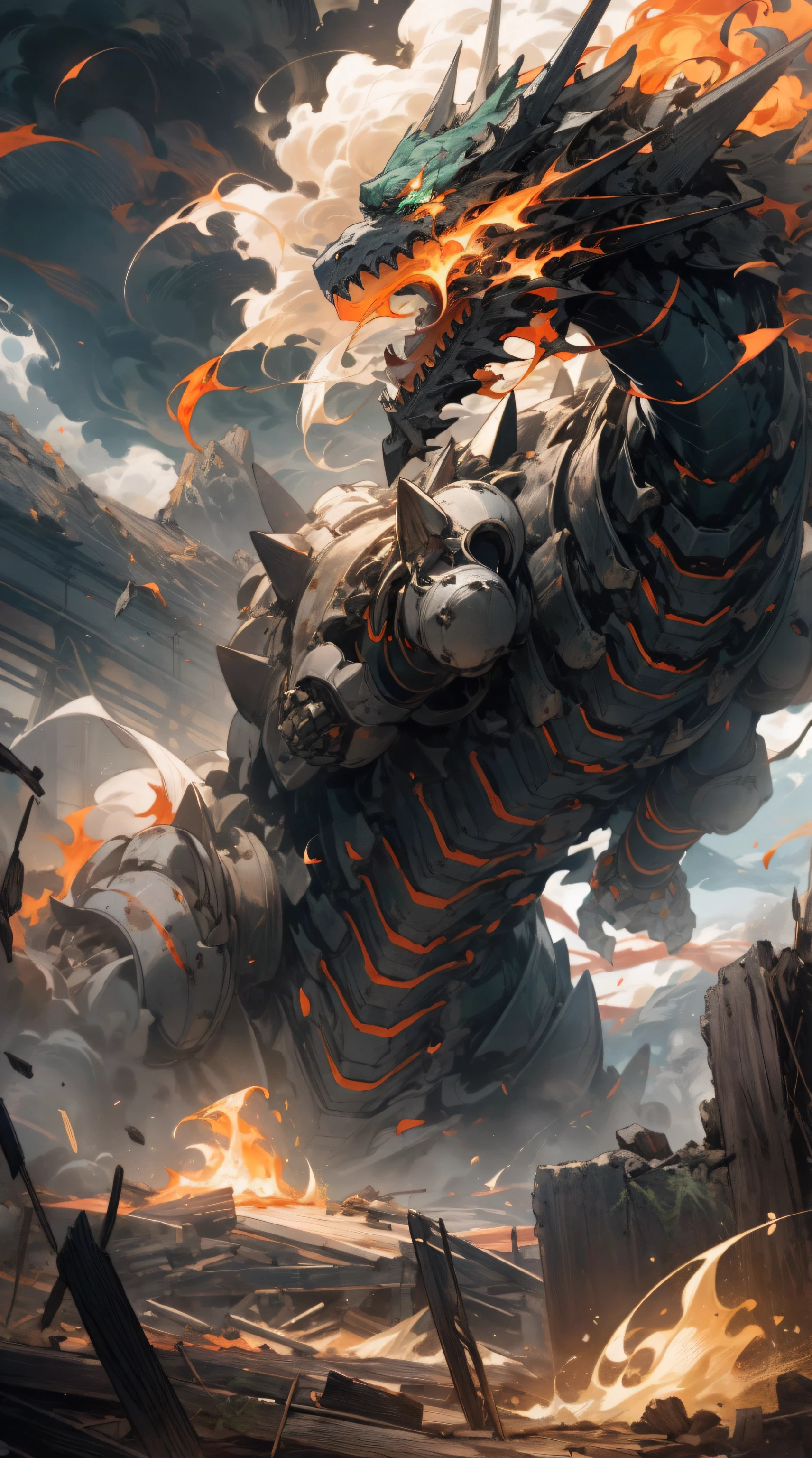 mechs,with my quality,4K,8K,A high resolution,tmasterpiece:1.2) Scales glistened in the firelight, towering over a mountainous landscape. its silhouette dominates the scene, leaked chest after being...enclose (Strong flames,Fire,magma,glowing lava) Pour down the slope. dragon unleashed (thunderous,tosen) tosen, Shake the ground beneath your feet. The sky is filled with billows of smoke and ash, Sparks dance in the air. in distance, The ruins of the once prosperous city are clearly visible, ova (detritos,rubble,Crumbling structure) In sharp contrast to the absolute power of the dragon. in destruction, the remnants of (Mechanical gears, gear wheel) lying scattered, huge proof (humongous large breast,Titanic) mechanical beast (Glowing red,Glowing red) inner conspiracy. ova (Glowing red,Red,glowing) The core of the dragon&#39;s chest exudes a charming light, Seems (energy pulsation, power its existence). The scene is bathed (dramatics,Threatening,Ominous) optic. Shadows highlight the twisted shapes of the ruins and the jagged edges of the mountains. Dragon's (Sharp, Sparkling,spiky) Teeth and (Fierce and sharp eyes,staredown) The sense of danger and power is further enhanced. The air is full of energy, Vibrates with the dragon&#39;s presence. through this tip, Stable Diffusion will capture the essence of this epic battle between beasts and machines, Bringing the raw power and intensity of the scene to life. The resulting image will reflect (A high resolution,Detailed pubic hair) The strokes of a masterpiece, Blending realism and fantasy in one frame. Get ready to witness the clash of the titans in this stunning piece of art，Feel the heat breath of the dragon.