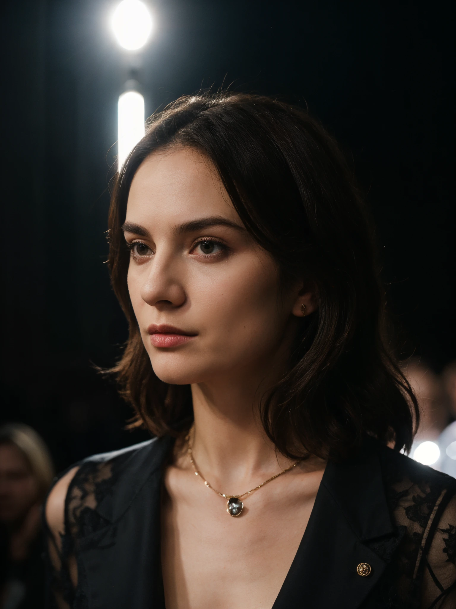 german, beautiful mature fashion model, angry, ((gucci:1.2)), luxury wear, in fashion show runway, stage, anamorphic lens flare, photorealistic, cinematic lighting, dark atmosphere, volumetric lighting, action pose, epic scene, gucci advertising, gucci campaign