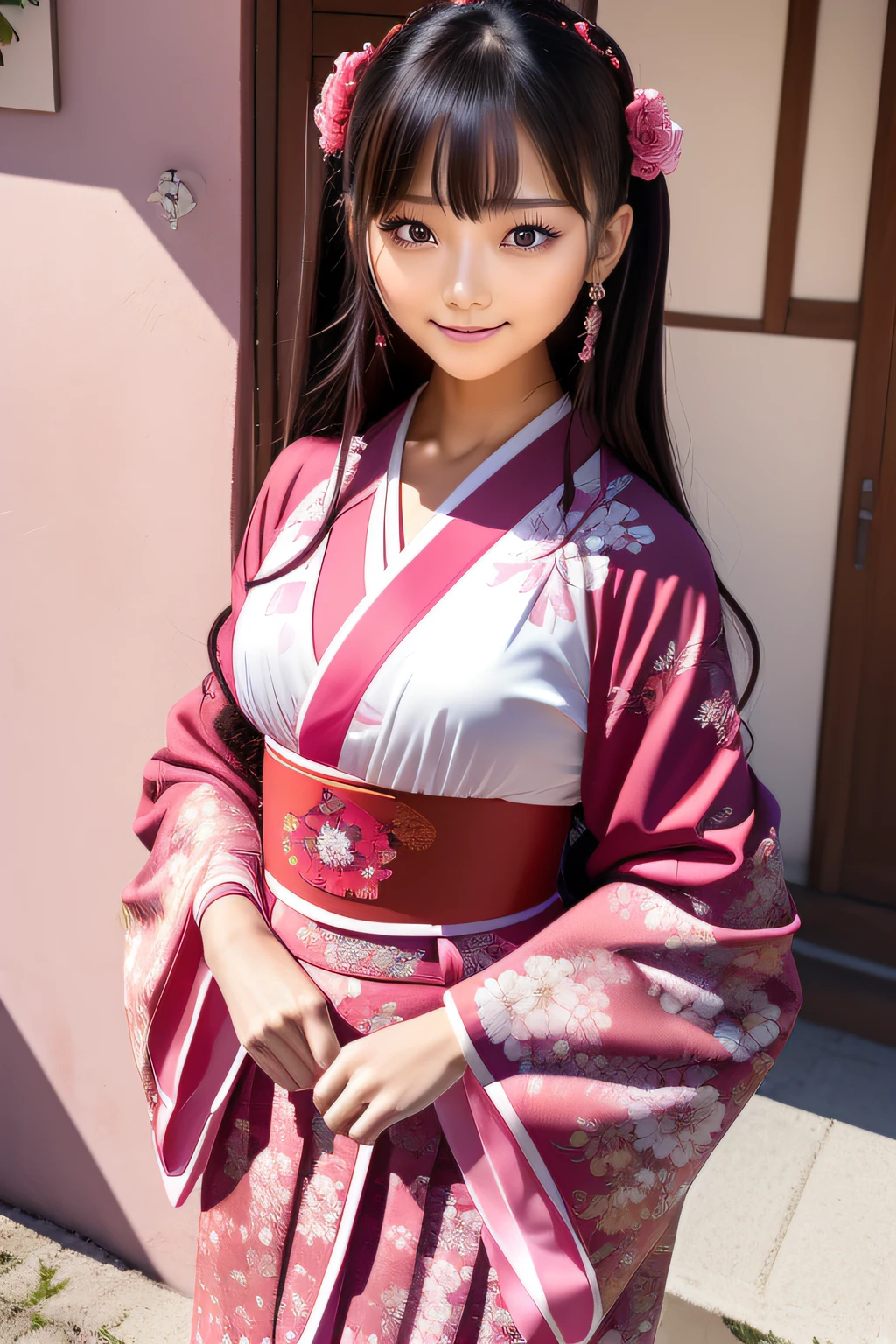(pink and red theme:1.4), (Red (Gothic lolita, French Girly):1.2), (Fusion of red short kimono and pink classic dress:1.4), (Highly detailed floral pattern on the dress:1.4), (long and baggy kimono sleeves:1.annealing, Multi-layer skirt) with black ruffles:1.4), Straight long black hair, (Bare legs:1.3), (frilly ankle socks:1.2), (Cute shoes:1.1),bangss、s lips、without makeup、short eyelashes、watching at viewers、A smile、Photorealsitic、high-level image quality、masutepiece, Best Quality, 8K, Beautie、Fine details