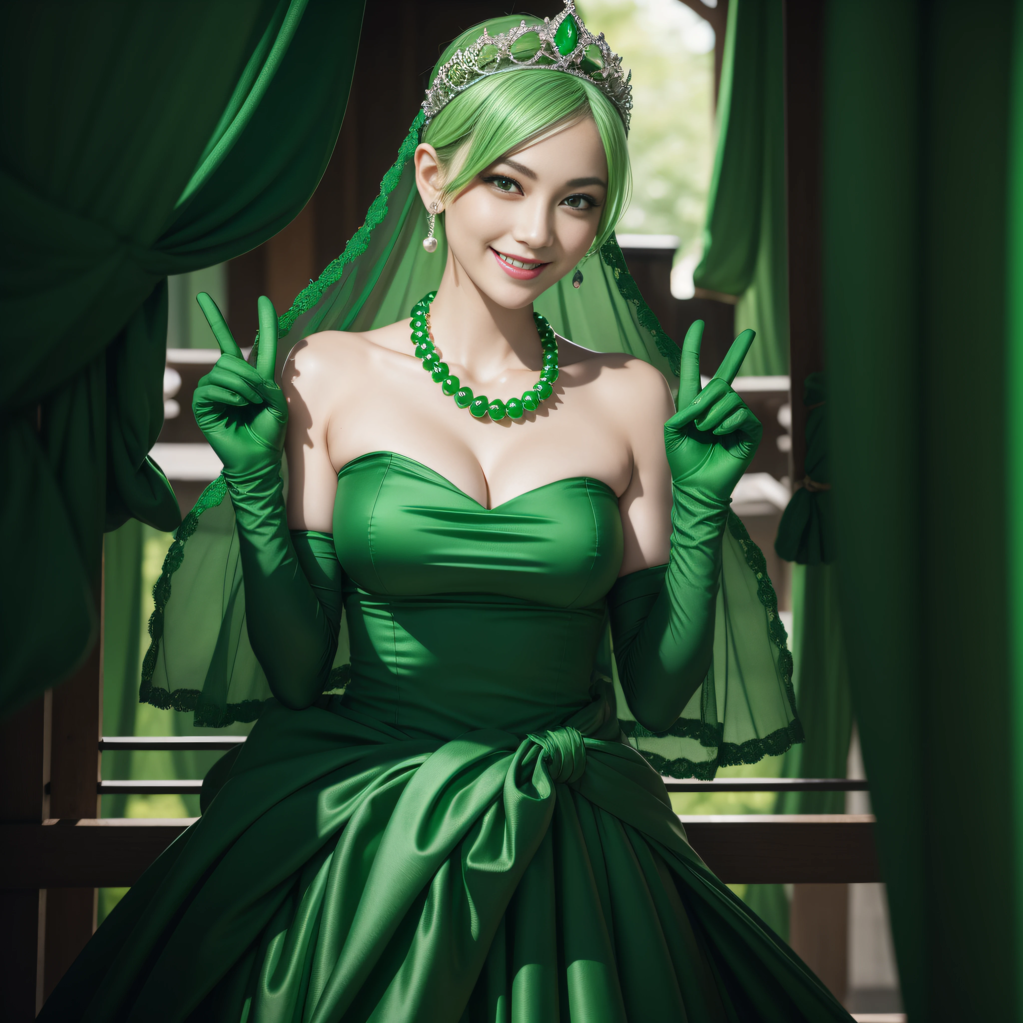 emerald tiara, Green Pearl Necklace, Boyish very short green hair, lipsticks, Japan woman smiling, very short short hair, big breasts beautiful, Green eyes, Long green gloves made of satin material, Green eyes, Emerald Earrings, green vale, v sign