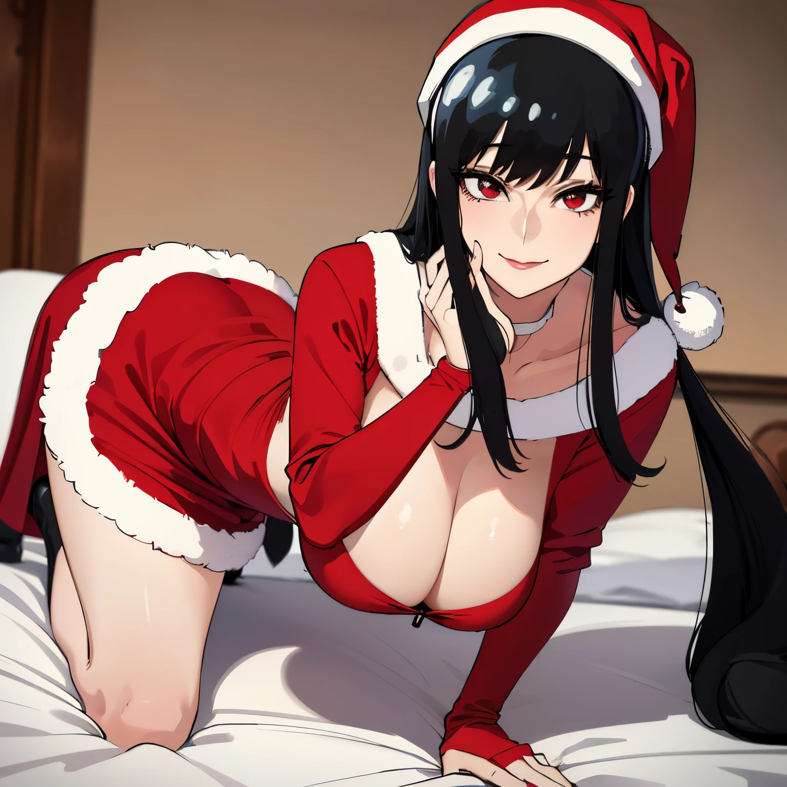 Yor Forger(Spy x Family), girl, long black hair, wearing santa clothing, big breasts, big red eyes, ultra high quality, full body shot, looking at viewer, masterpiece, smile , inside house.