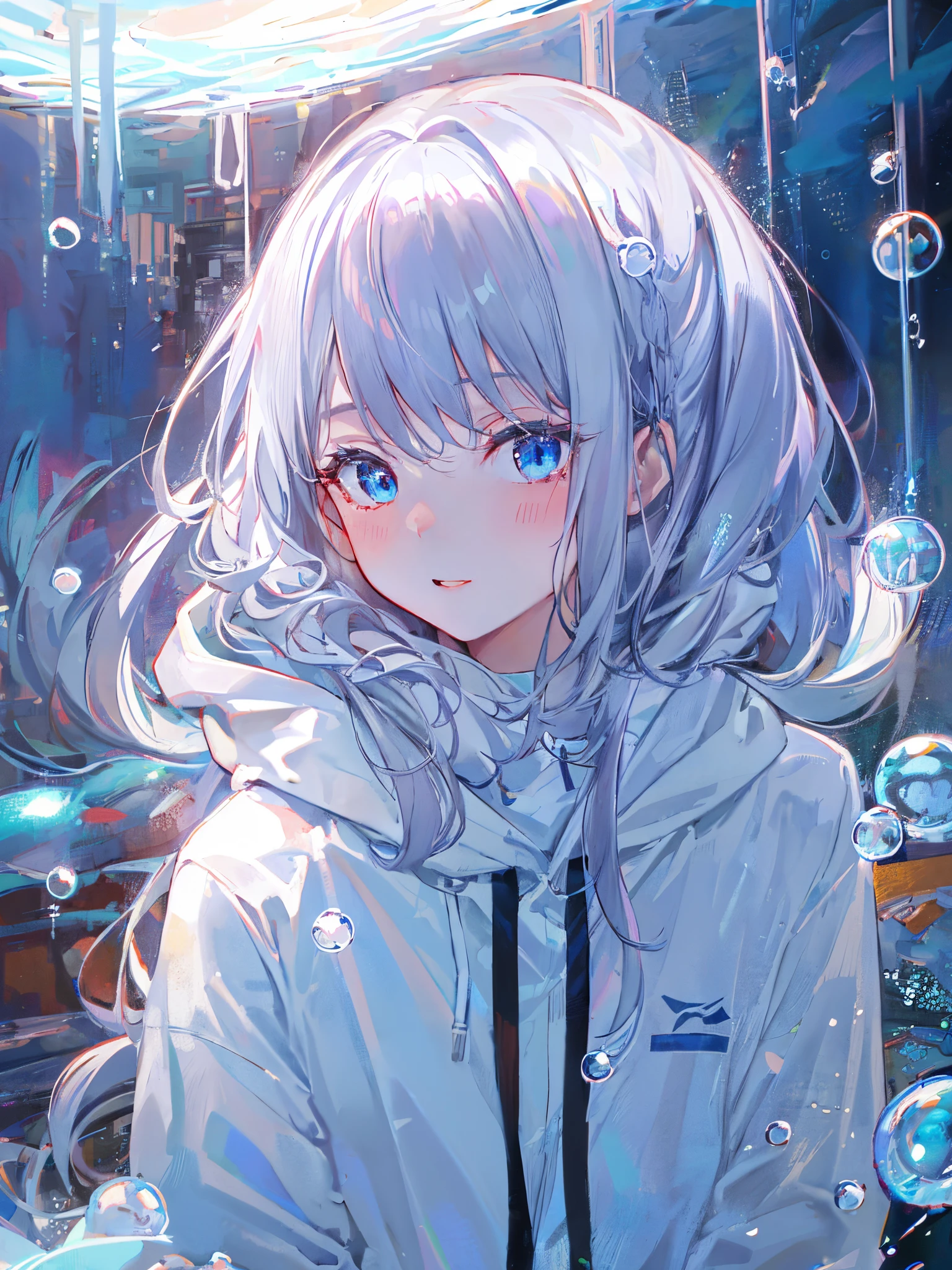 ((top-quality)), ((​masterpiece)), ((ultra-detailliert)), (Extremely delicate and beautiful), girl with, 独奏, cold attitude,((White hoodie)),She is very(relax)with  the(Settled down)Looks,depth of fields,Evil smile,Bubble, under the water, Air bubble,Underwater world bright light blue eyes,inner color with bright gray hair and light blue tips,,,,,,,,,,,,,,,,,,,,,,,Cold background,Bob Hair - Linear Art, shortpants、knee high socks、White uniform like school uniform、Light blue ribbon ties、Clothes are sheer、The hand in my right pocket is like a sapphire,Fronllesse Blue, A small blue light was floating、fantastic eyes、selfy,Self-shot、Bangs fall on the eyes, give a sexy impression.