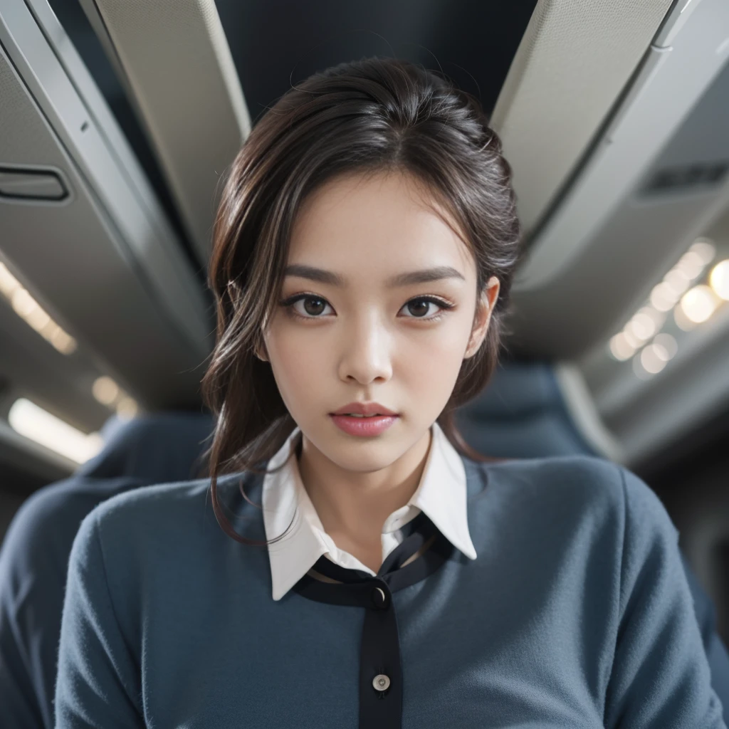 Air stewardess uniform, downblouse, looking up at viewer, Eye contact, Inside the Airplane, POV, leaning forward, nipplestits