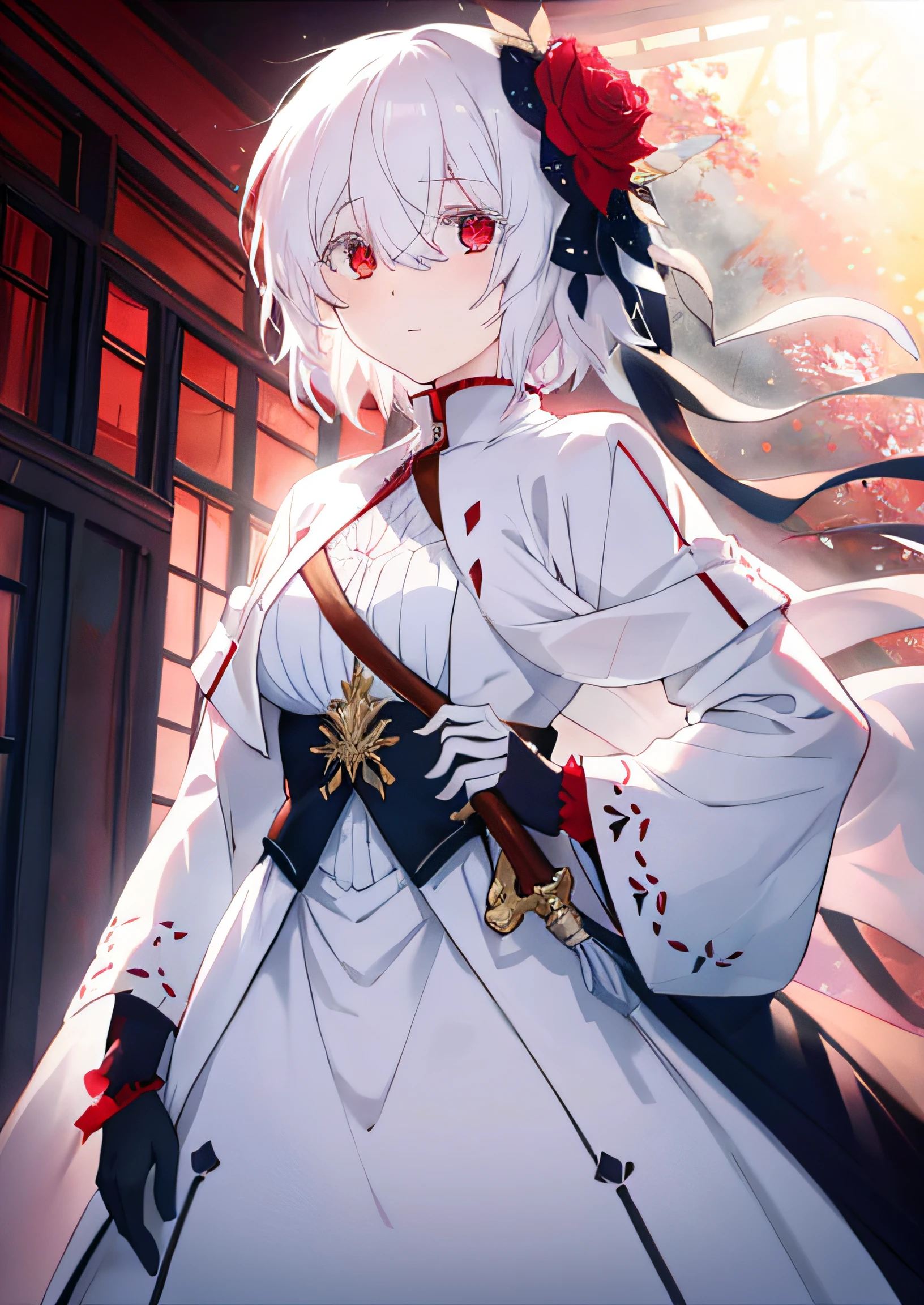 masterpiece, best quality, illustration, 1girl, solo, looking at viewer, , depth of field, , , jeanne_vanitas_no_karte, white hair, red eyes