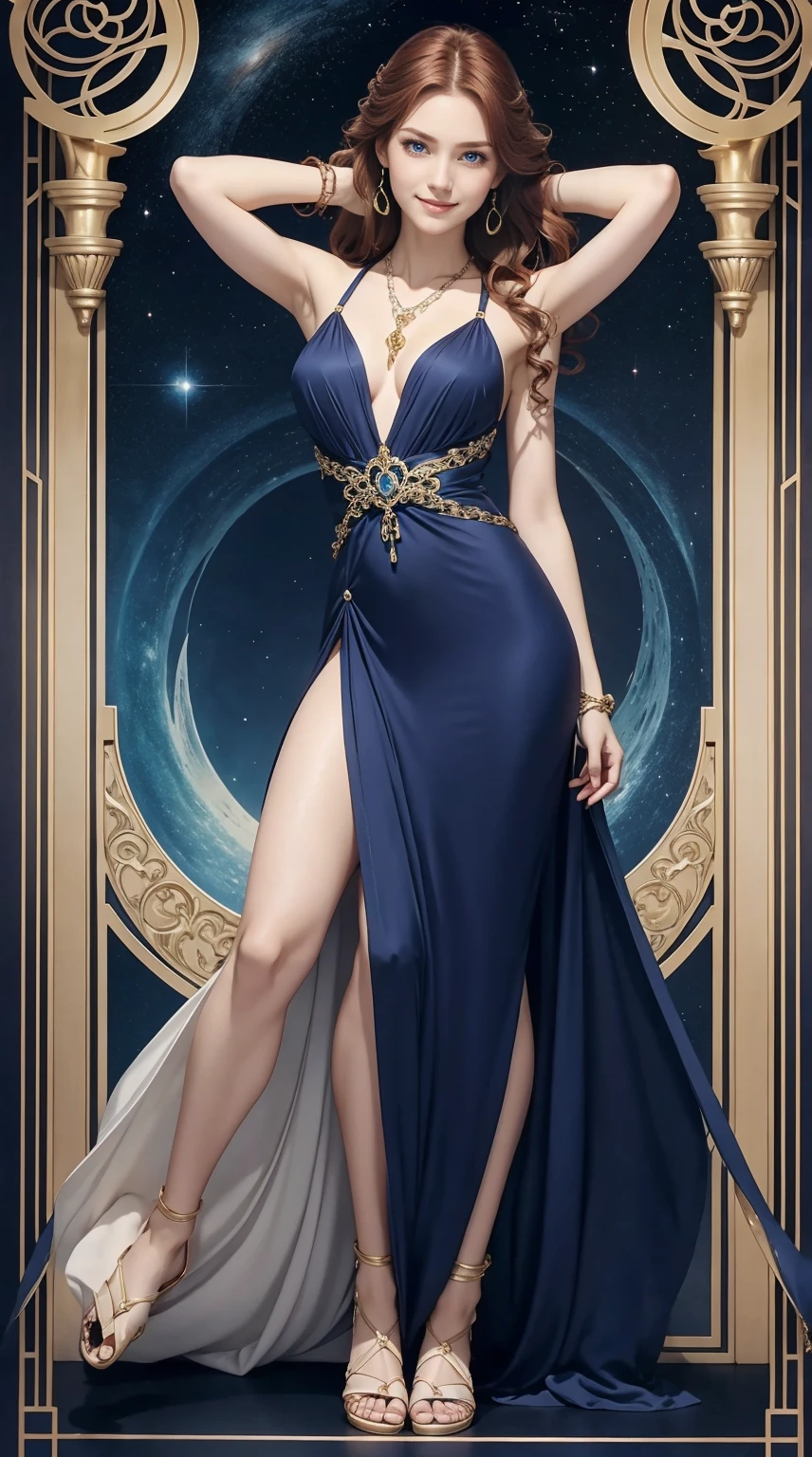 25-year-old Caucasian woman、hair color is reddish、blue eyess、Semi-long、setting hair、I'm tying my hair、My hair is wavy、Slender but thin macho、accessories on the wrist、wearing a chain necklace、Beautiful breasts、a smile、I need space above my head、She is wearing a transparent mini-length princess dress.、Wearing mules、a smile、art nouveau background